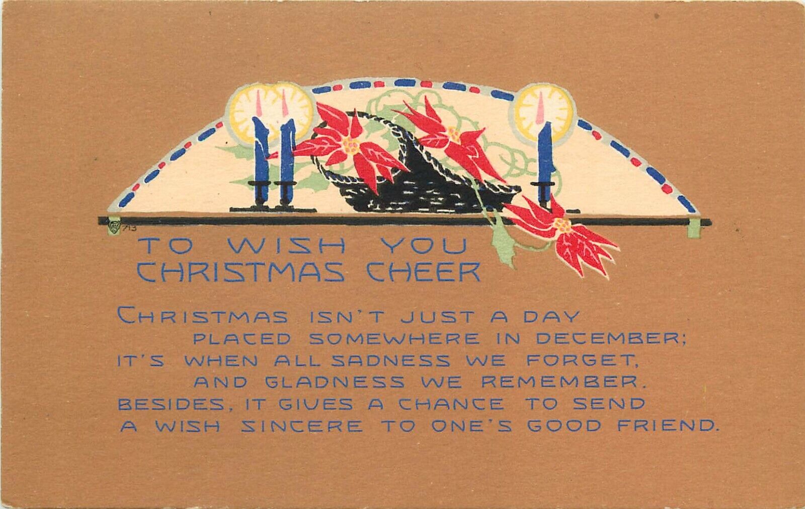  P.F. Volland Art Deco Christmas Postcard 713 Poinsettia Basket & Candles c1917
