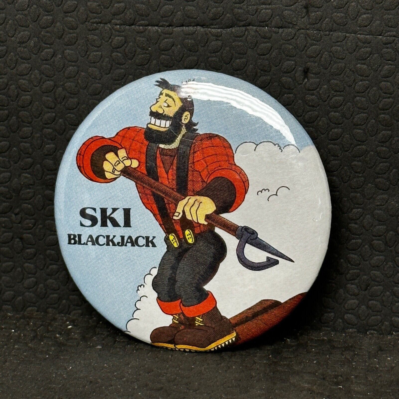 Vintage Ski Blackjack Pin Back Button Bessemer Michigan Lumberjack 2 1/8 in