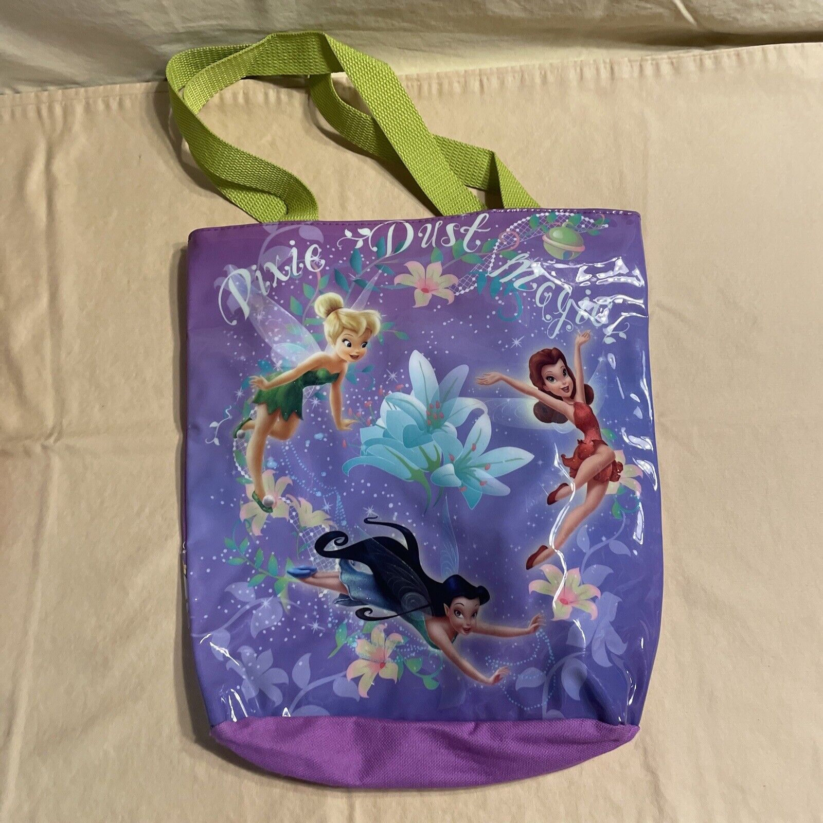 Disney Fairies Tinkerbell Canvas And Plastic Kid’s Tote Hand Bag Purple Green 