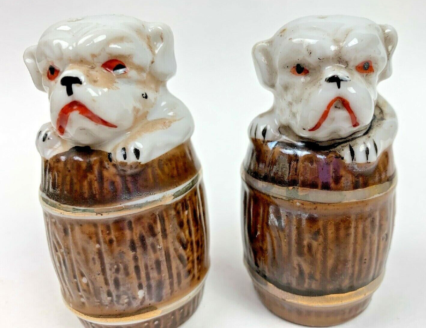 Vintage Dogs in Barrels Pugs Bulldogs Salt and Pepper Shakers Japan