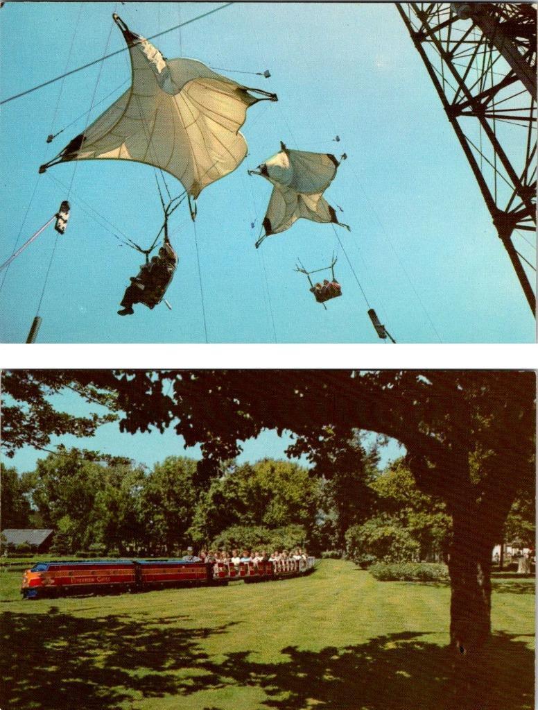 2~Postcards Chicago, IL Illinois RIVERVIEW AMUSEMENT PARK Parachutes~Mini Train