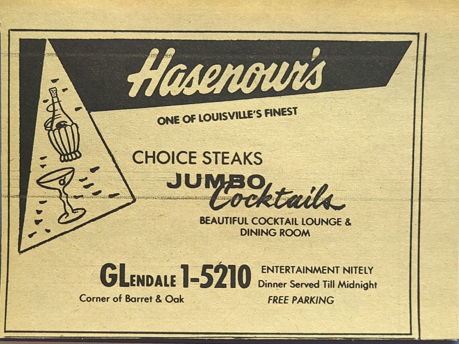 Hasenour's Louisville KY Choice Steaks Jumbo Cocktails Vintage Print Ad 1960