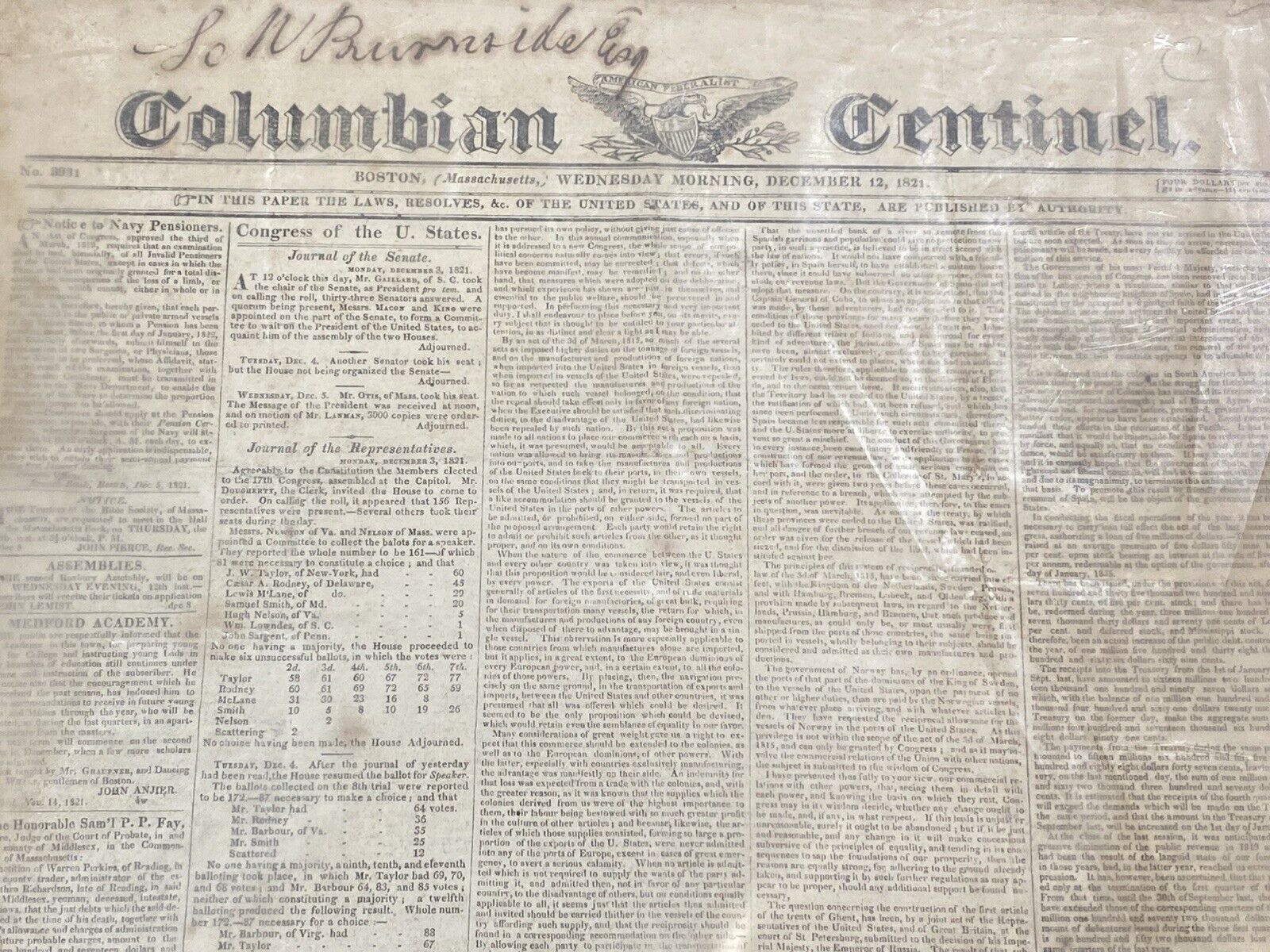 Columbian Centinel Antique Newspaper December 1821 No. 3931