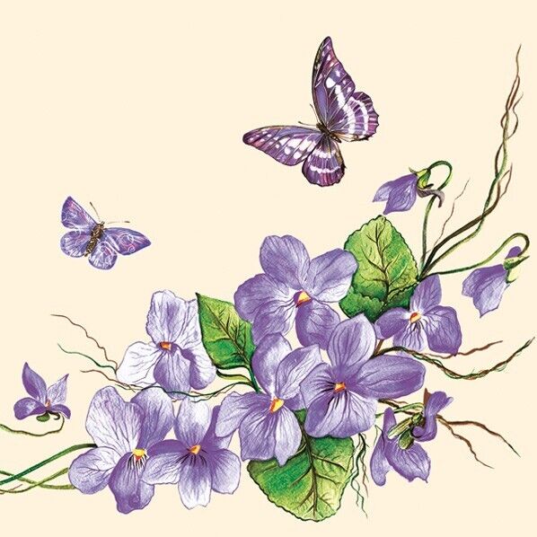 Decoupage Paper Napkin Butterfly Purple Flowers- Two Single Luncheon Napkins