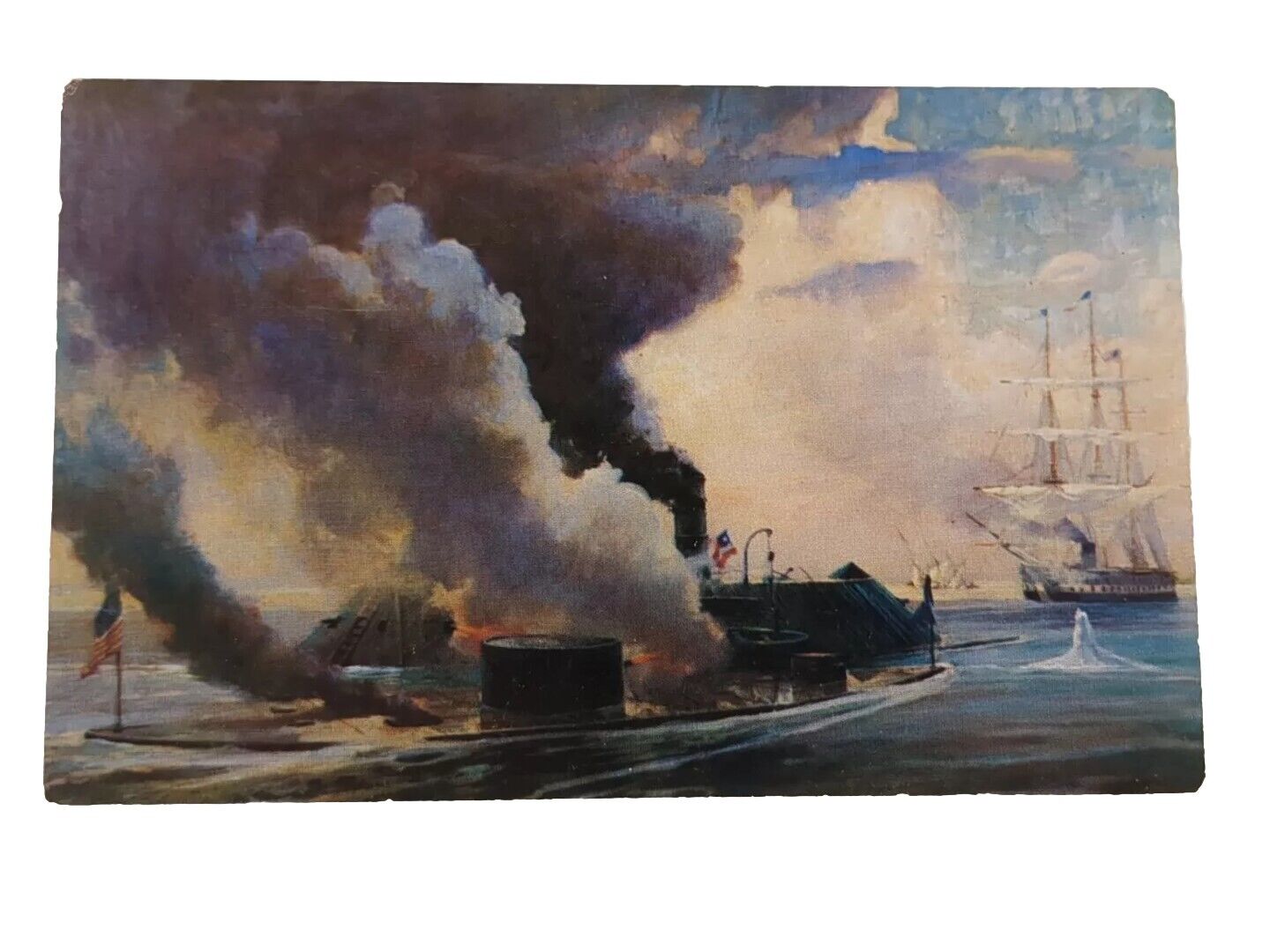 Monitor & Merrimac Warship Battle of Hampton Roads Civil War Postcard