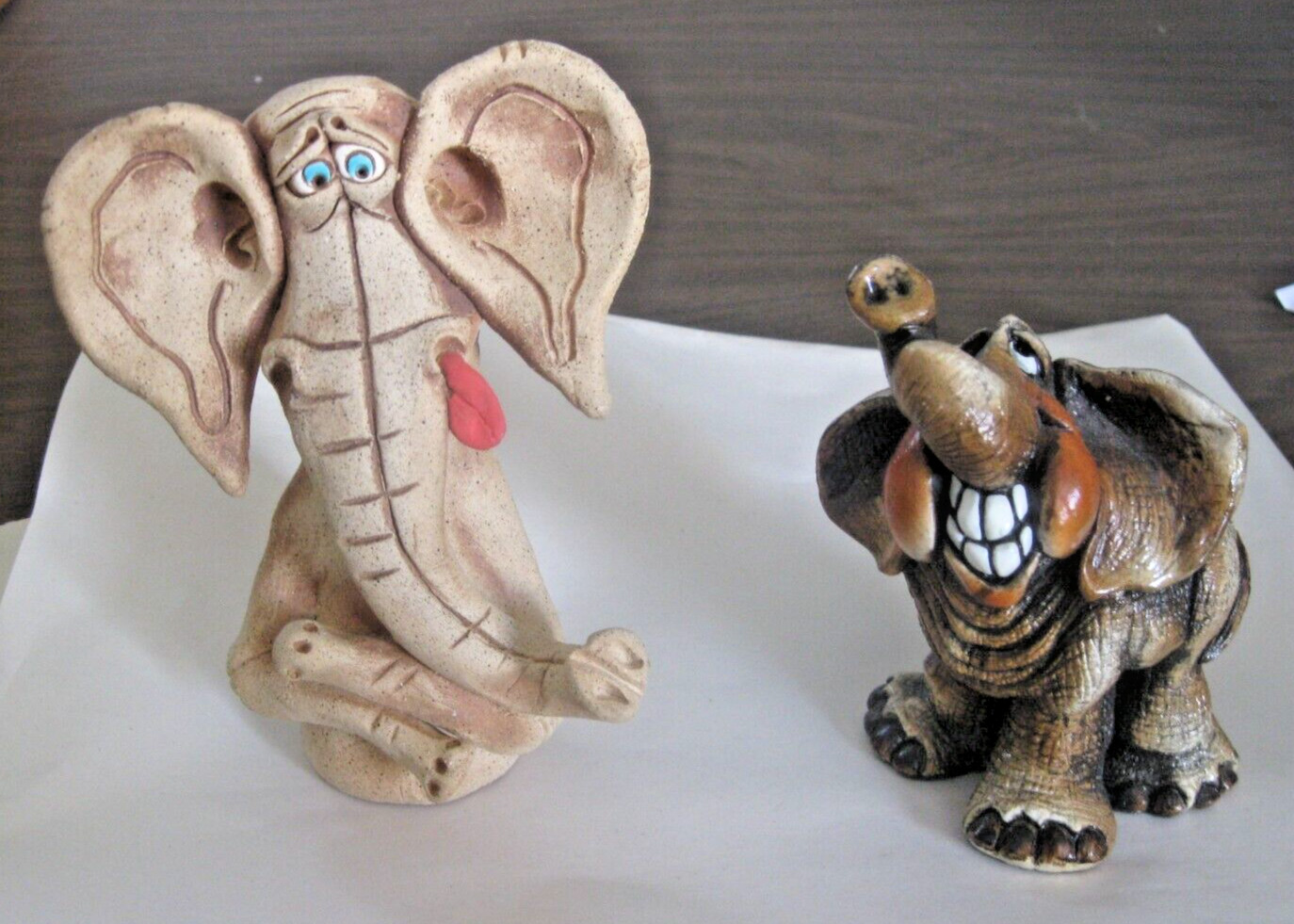 2 Whimsical Anthropomorphic Pottery ELEPHANT Figures - John Ray Beasties & Unk.