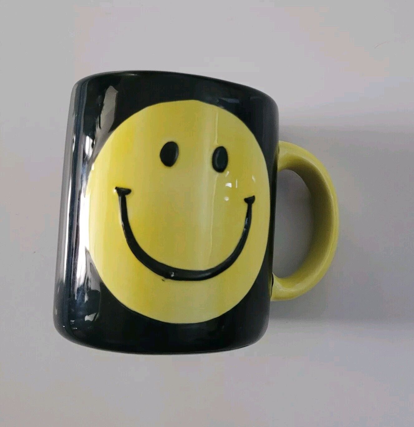Vintage Smiley Face Mug 1997 Lotus Handcrafted Black Yellow Happy Coffee Cup