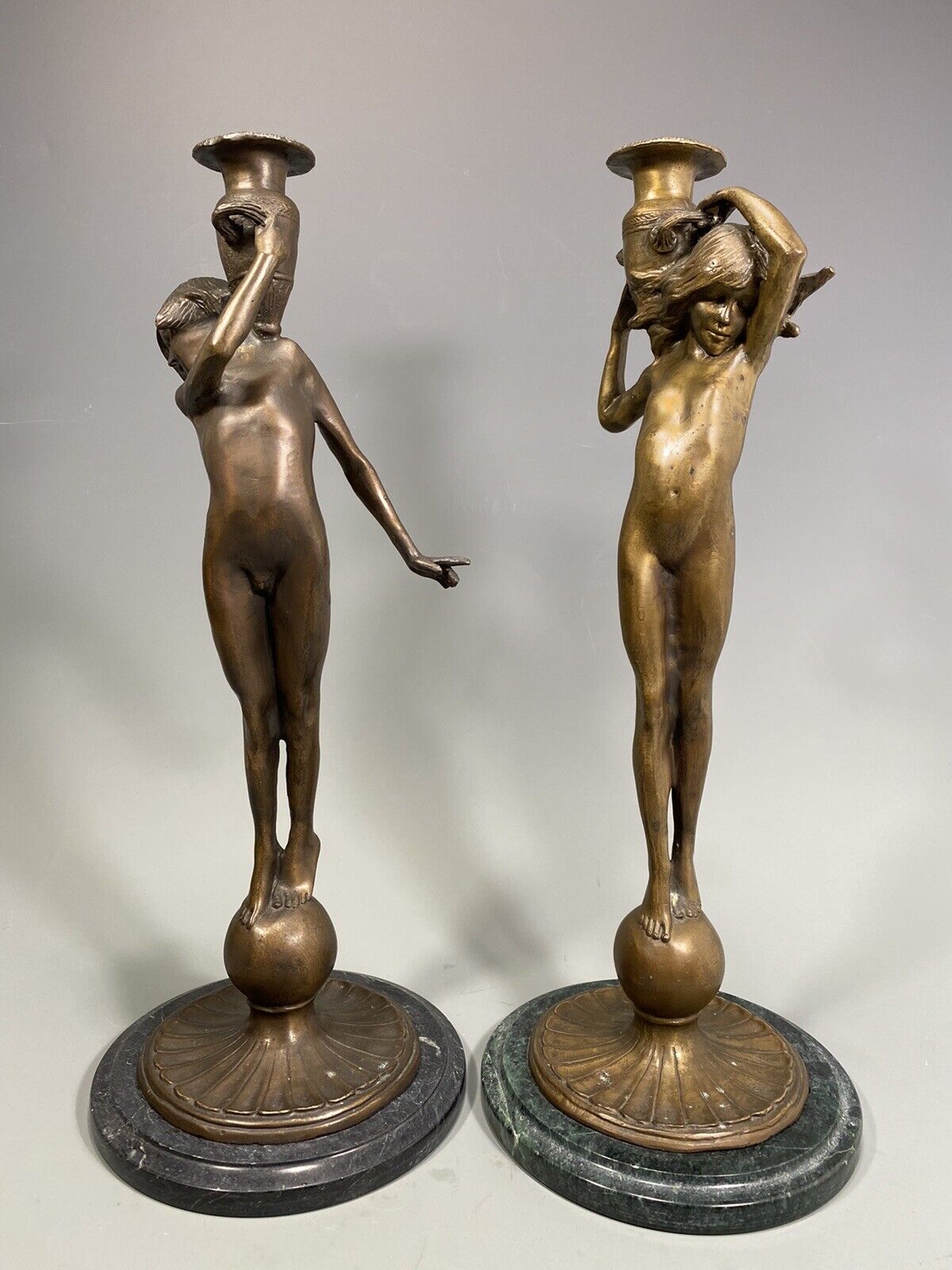 Exquisite Pair of Art Nouveau Style Cast Bronze Candlesticks - E. F. McCartan