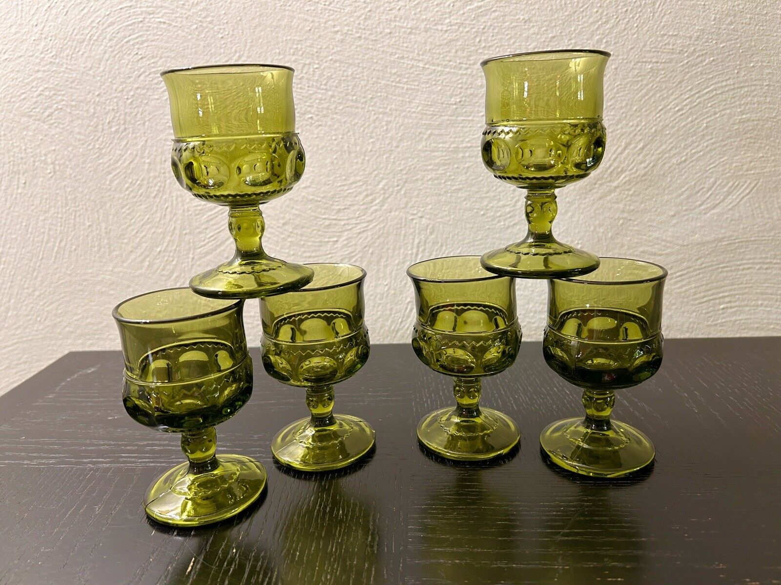 Vintage Indiana Glass Avocado Green Glass Kings Crown 6 Goblets Thumb Print 4oz