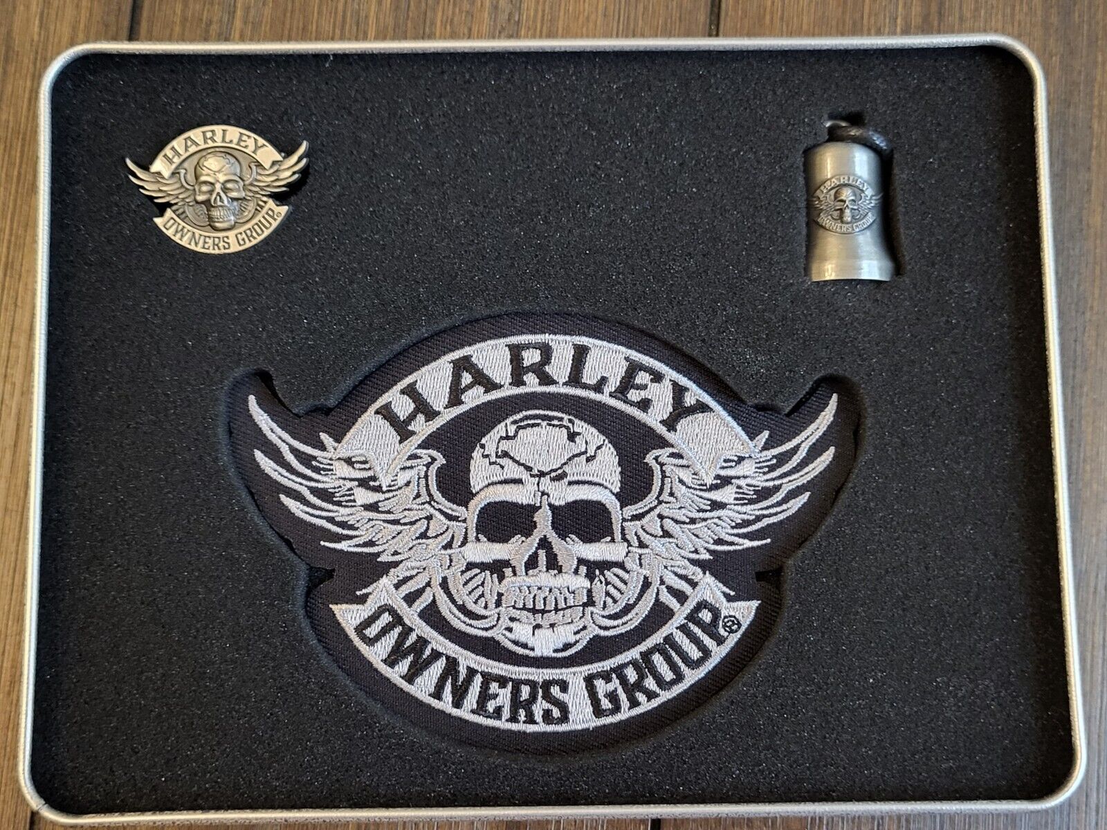 HOG Harley Owners Group Membership Welcome Kit Tin With Patch, Pin And Bell