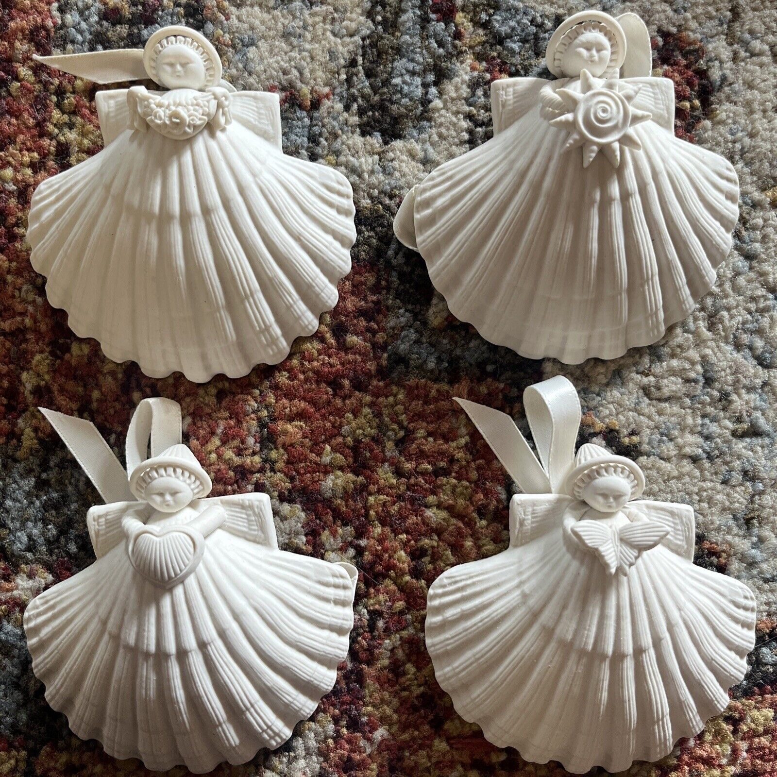 VTG Margaret Furlong Porcelain Bisque Shell 4” Angel Ornaments X4 ‘86-‘95 W/Box