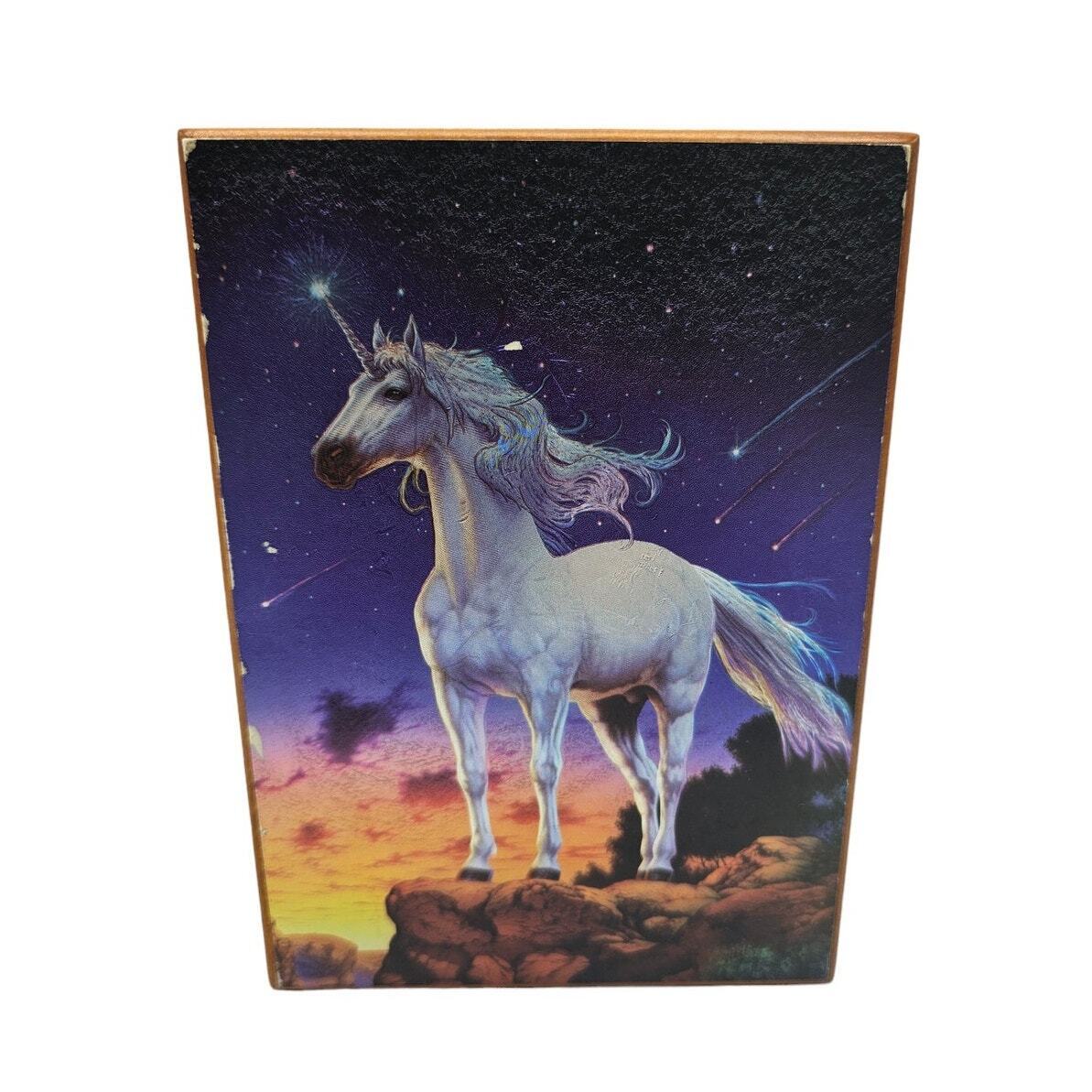 Vintage 1990s Unicorn Wooden Trinket Box Jewelry Box Metallic Tin Litho Photo
