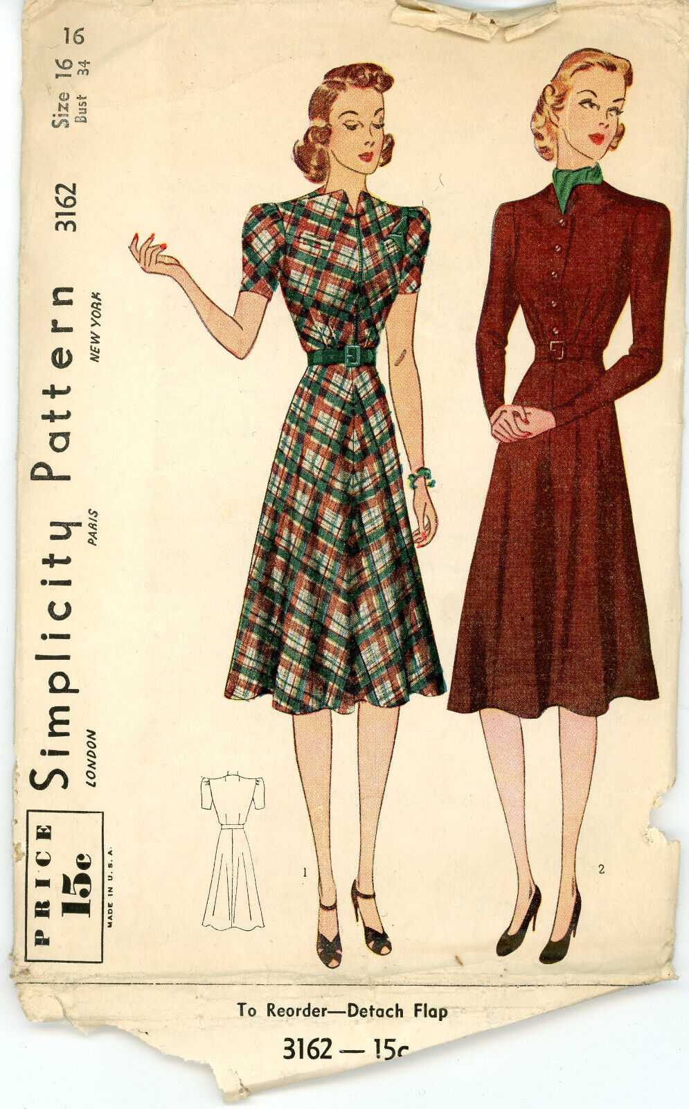 Vintage 1940s Simplicity 3162 Womens Dress Sewing Pattern Size 16 Used