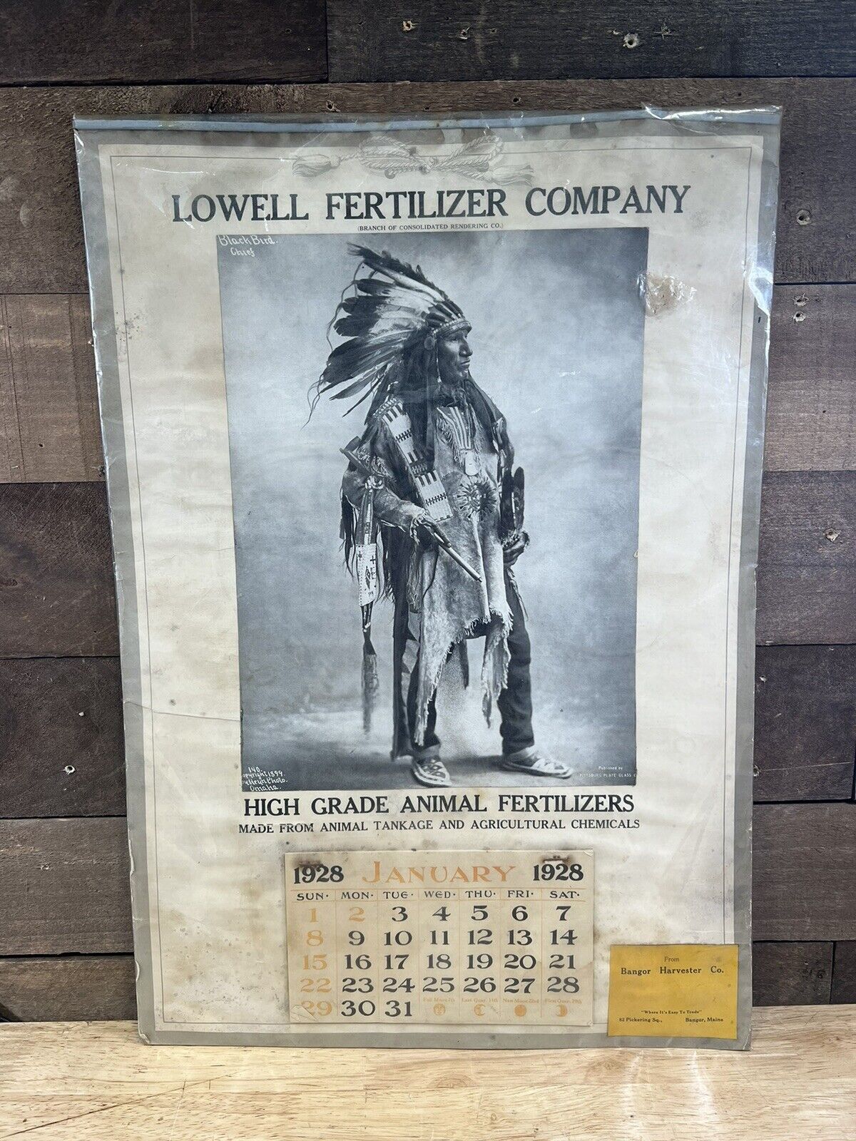 Antique 1928 Lowell Fertilizer Company Calendar Black Bird Chief Pittsburgh, PA