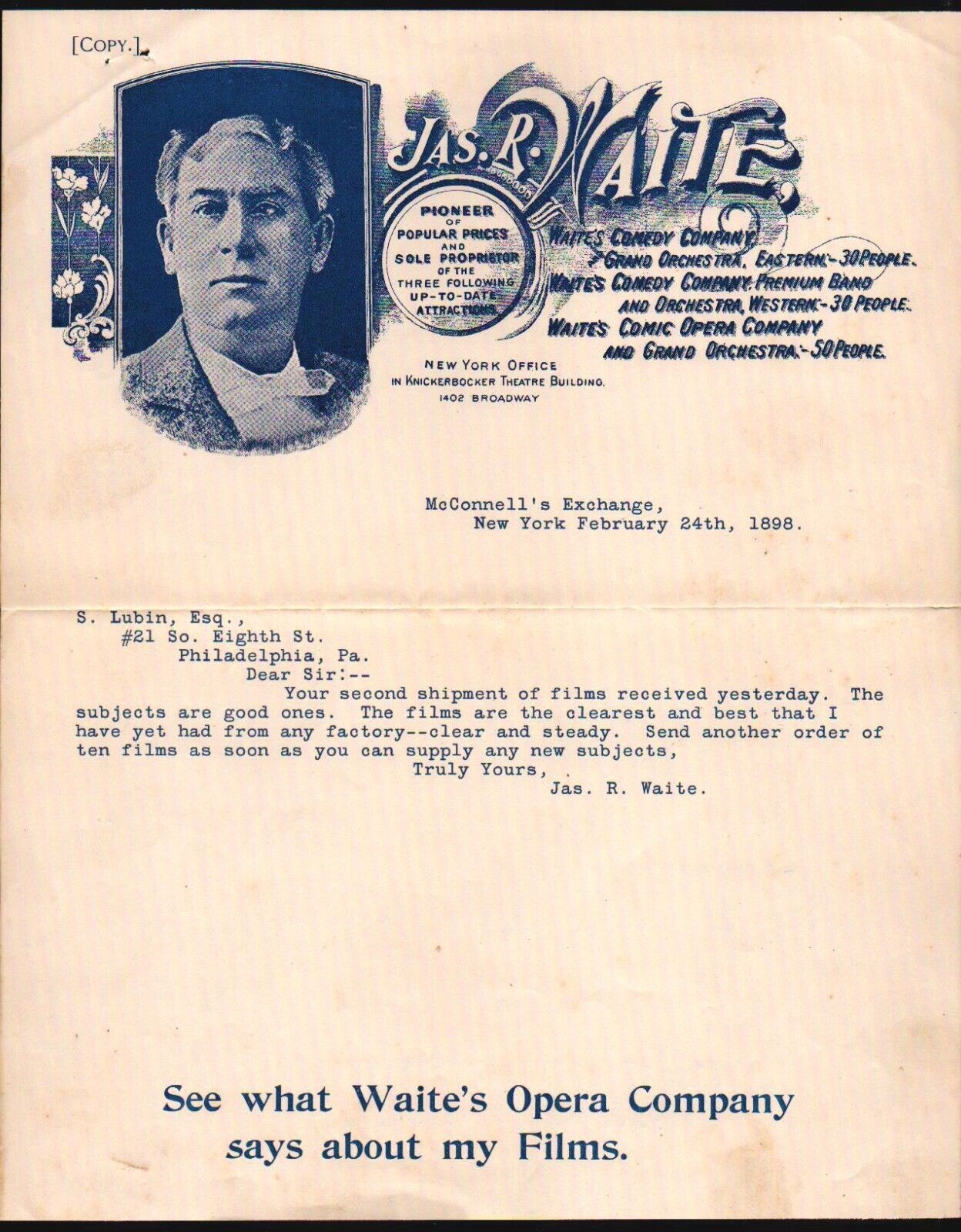 1898 New York - Jas R Waite - Vaudeville Comedy Opera - Rare History Letter Head