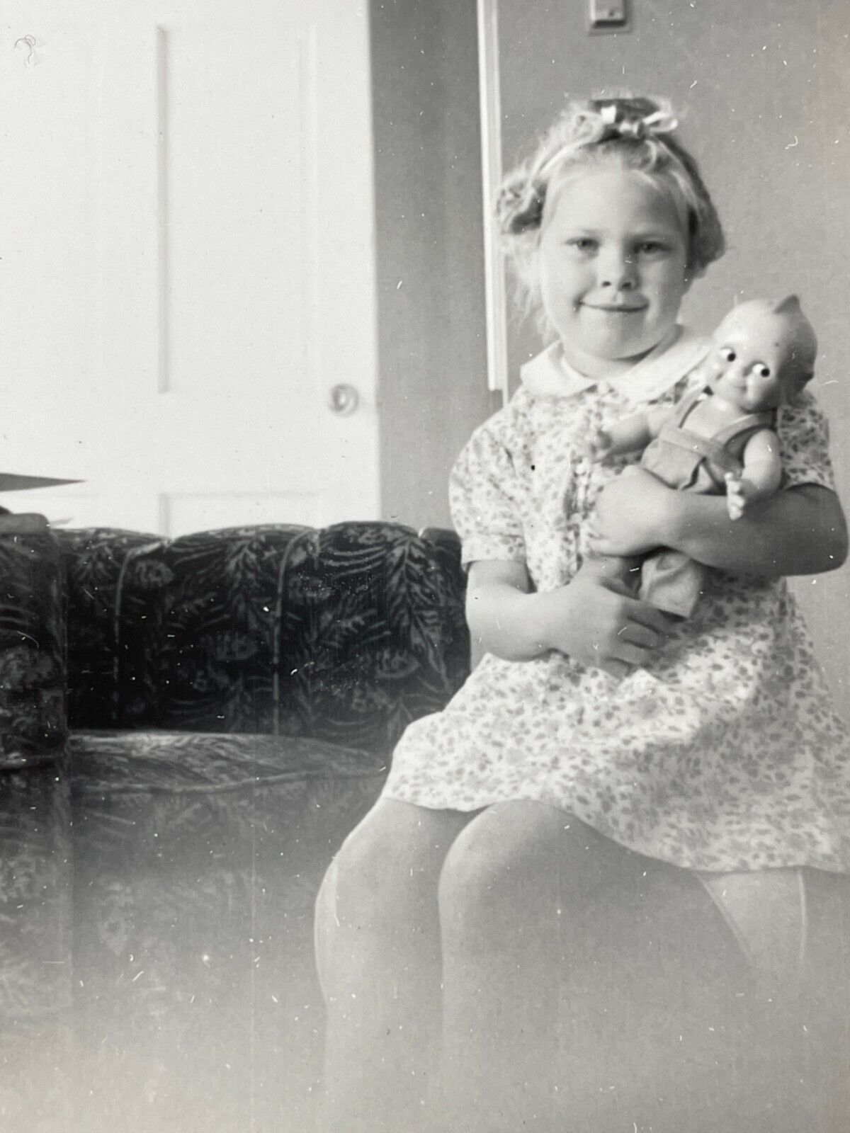 ED Photograph Portrait Girl Holding Rose O\'Neill Kewpie Doll 1940\'s