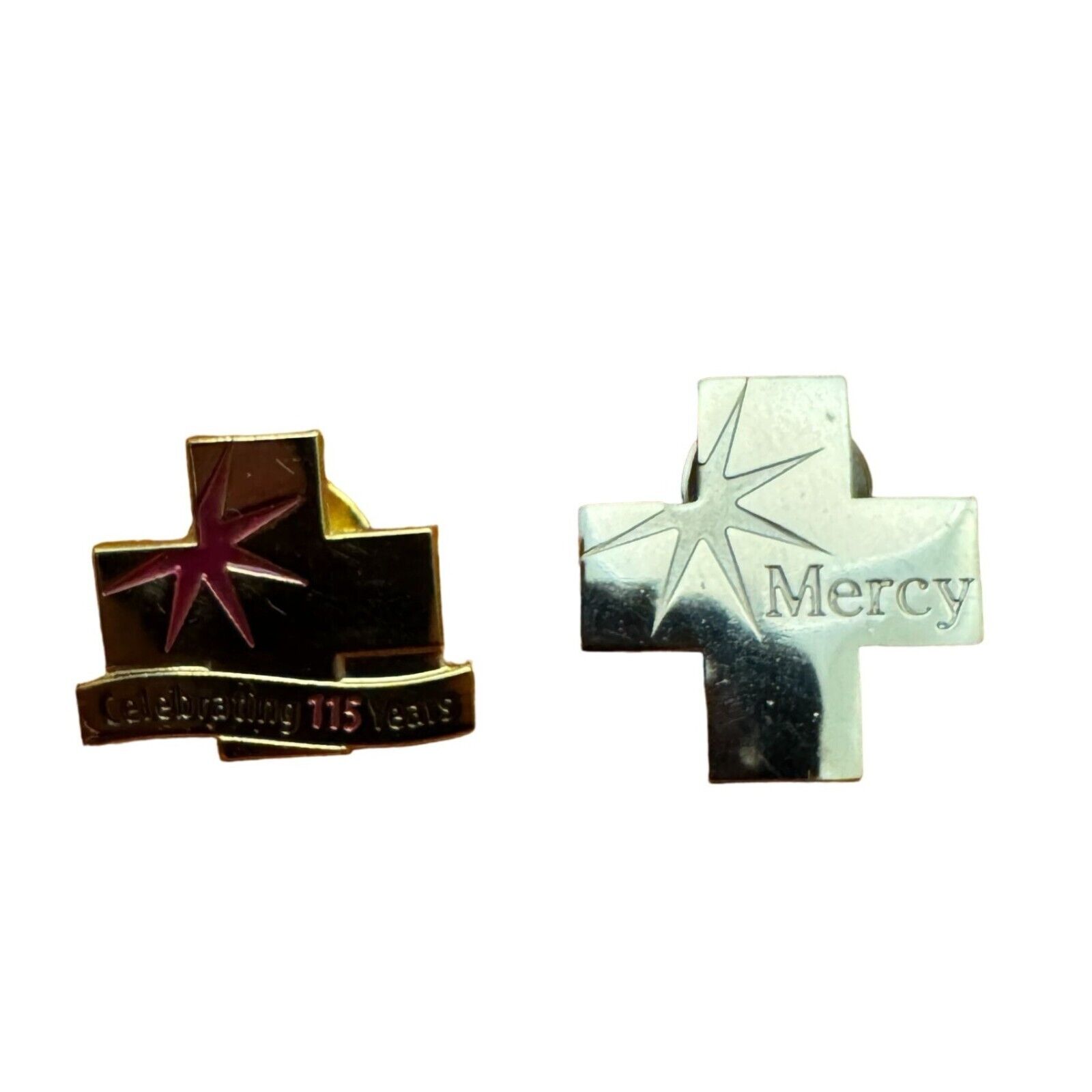 Set of 2 Mercy Hospital Pins Celebrating 115 Years and Mercy Logo Collectible