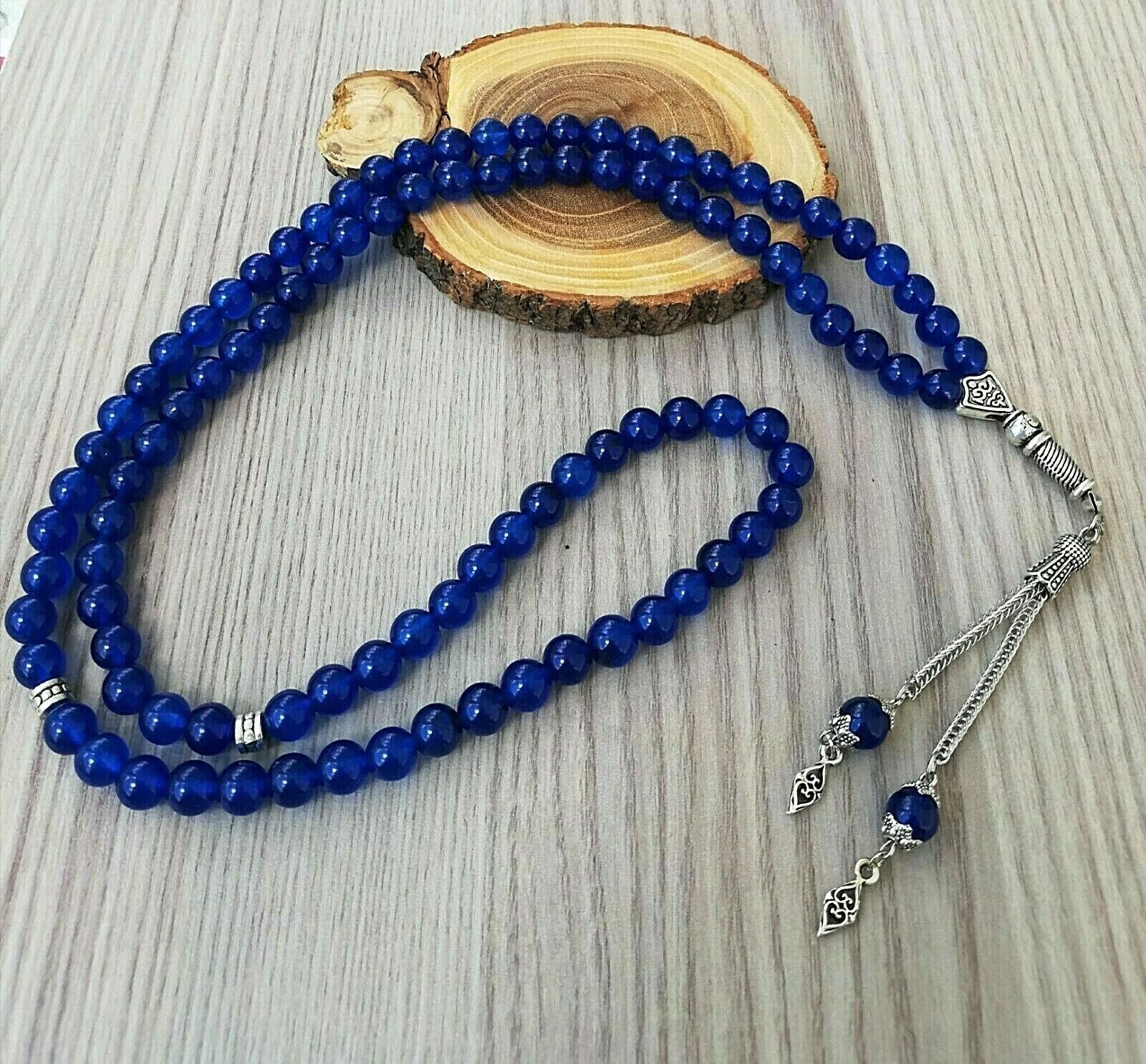 REAL Blue Jade  Stone Islamic Prayer 99 beads Tasbih Misbaha Rosary Tasbeeh 8mm