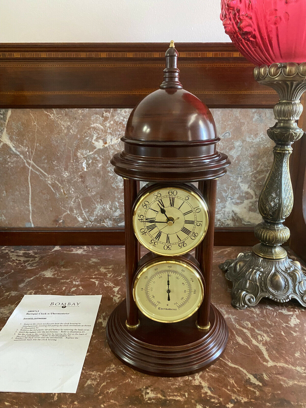 Bombay Baroque Clock & Thermometer BEAUTIFUL Wood Dome - Tested