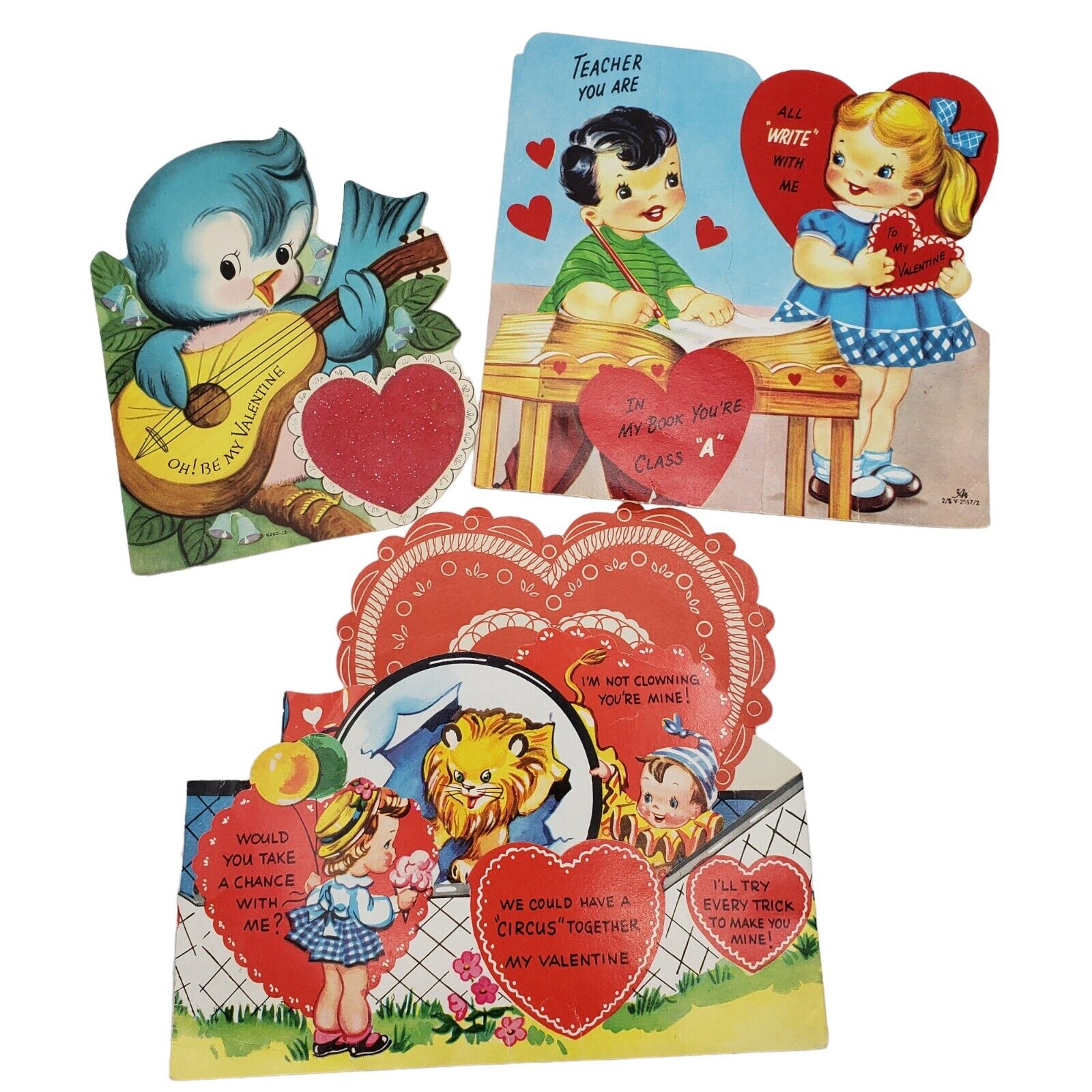 Vintage Lot of 3 Larger Size Childrens Valentine\'s Day Cards Circus Bird Teacher