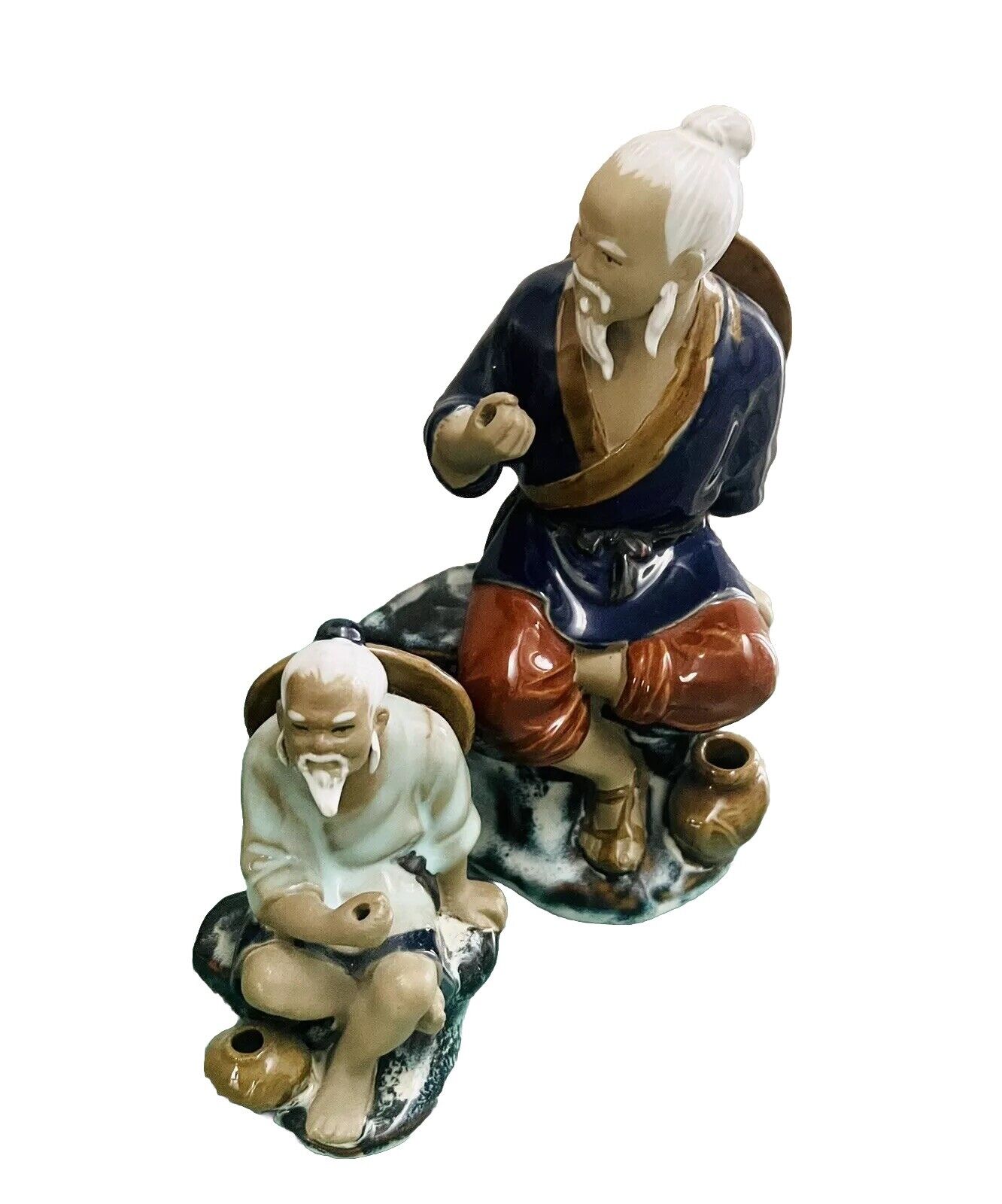 Vintage 2 Big Small Wanjiang SHIWAN Mudman Fisherman  Oriental Figurines China