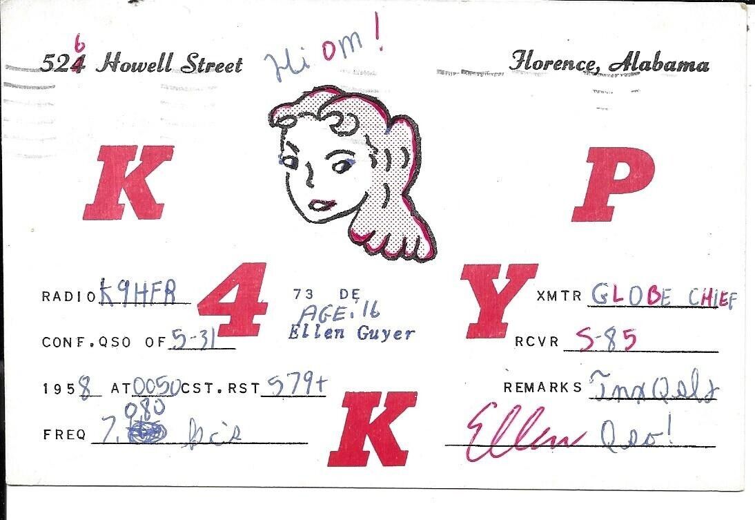 QSL  1958 Florence Alabama   YL/ XYL    radio card