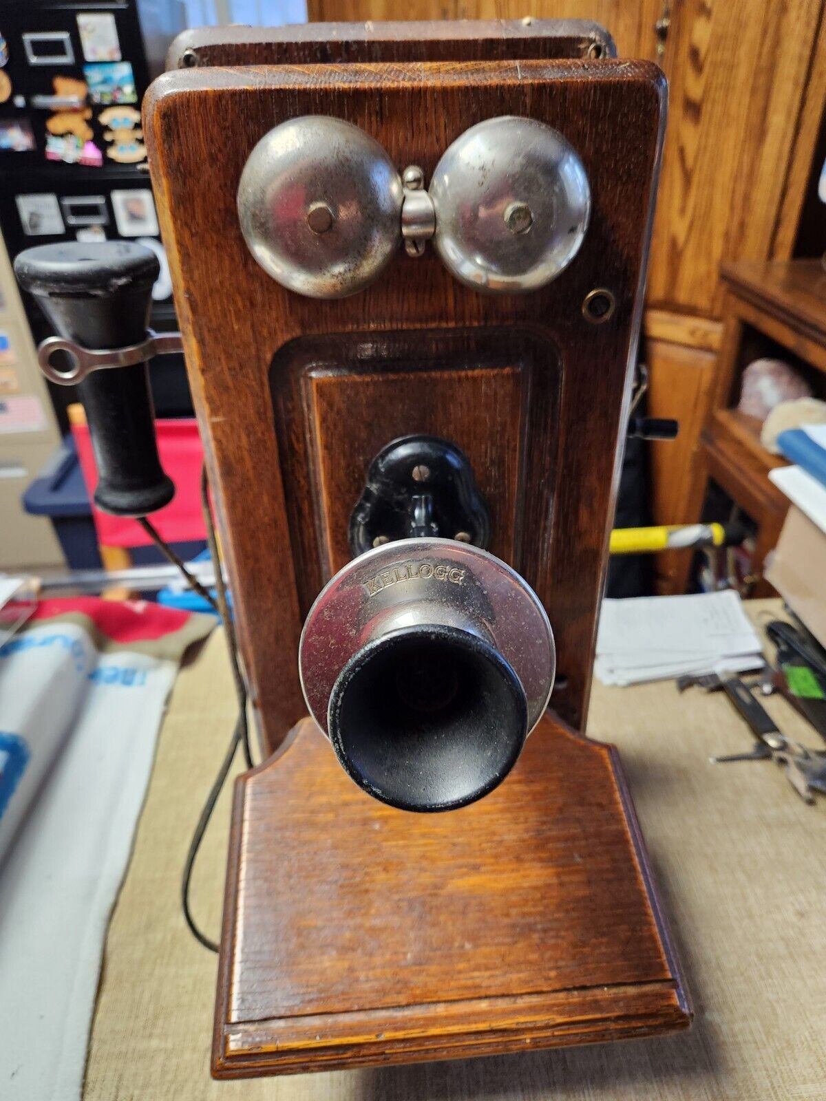 Vintage Antique Kellogg Oak Wood Hand Crank Wall Telephone With InsidesNo Batter
