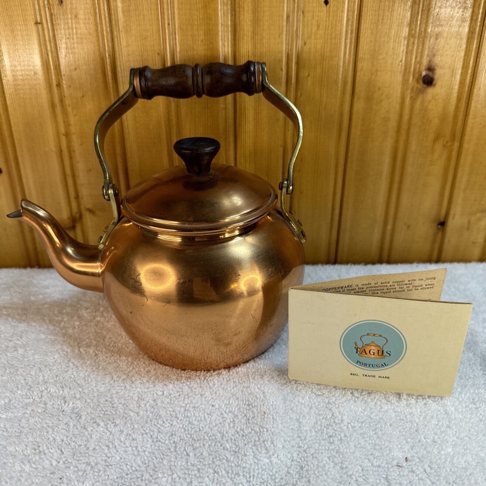 Vintage Tagus Copper Kettle Tea Pot Wooden Handle (Portugal) Portuguese Made