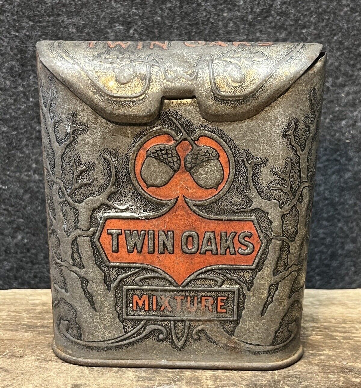 Antique Vtg 1910s Twin Oaks Mixture Tobacco Embossed Vertical Tobacco Tin Empty