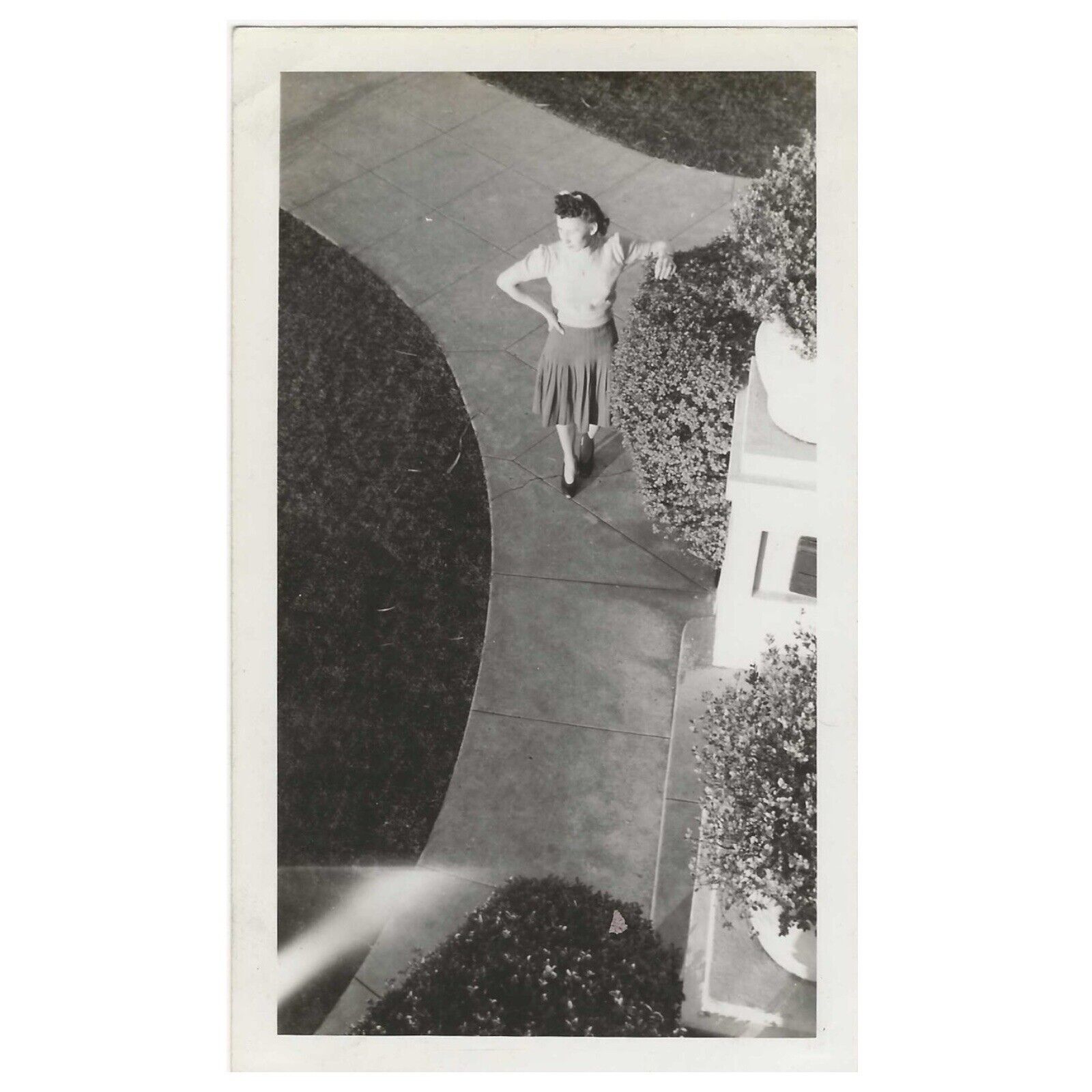Vintage Snapshot Of Pretty. 1940s Woman Photo Taken From Above