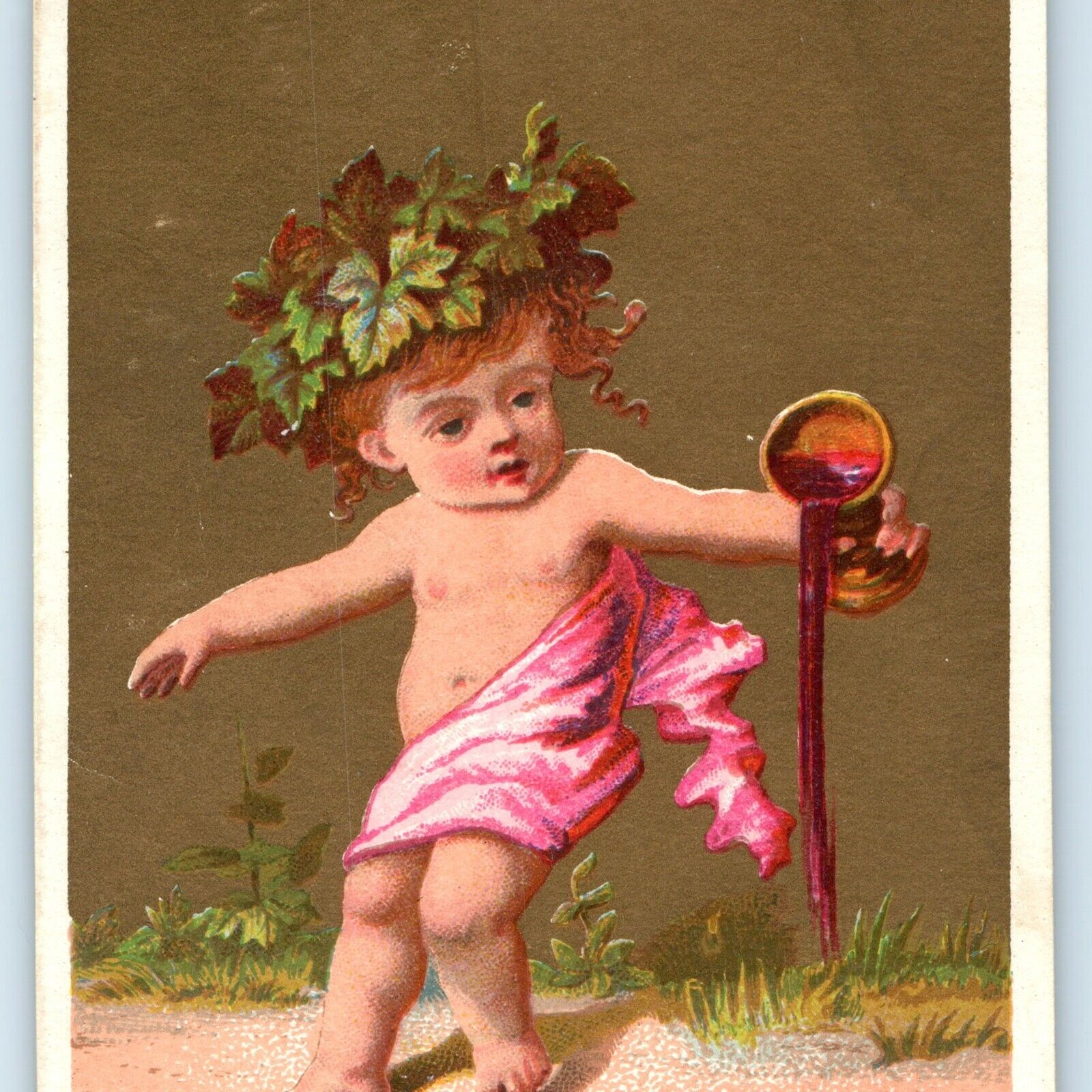 c1880s Cute French Baby October Victorian Trade Card Leaf Head Pouring Wine C24