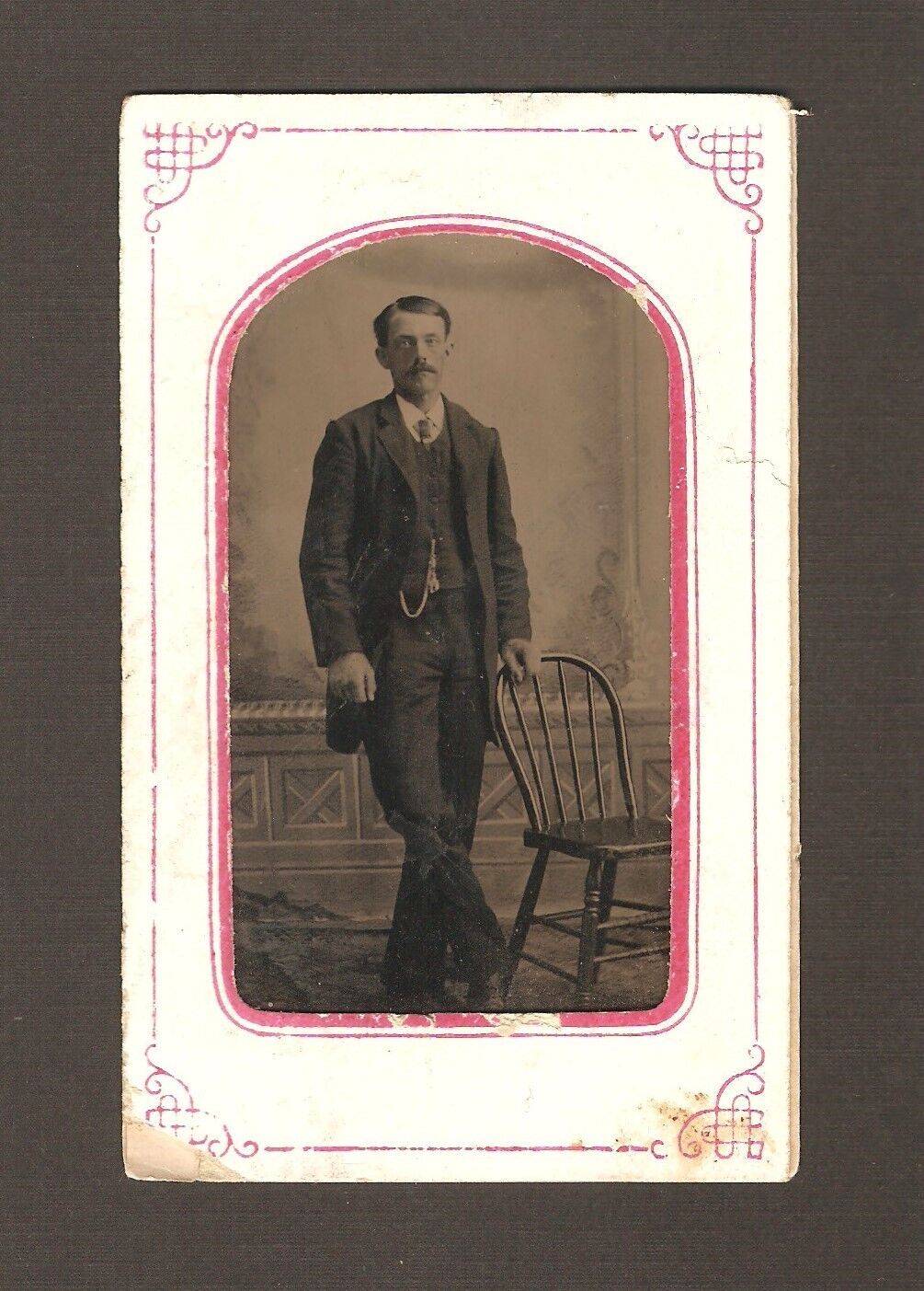 Old Vintage Antique Tintype Photo Young Man Fine Clothes by Spindle Back Chair