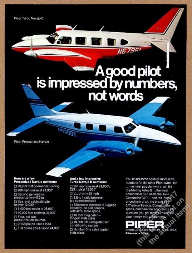 1972 Piper Turbo Navajo B & Pressurized Navajo plane photo vintage print ad