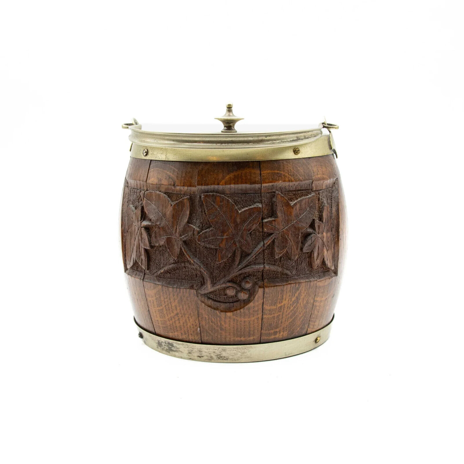 Antique English Heavily Carved Biscuit Barrel Oak & Silverplate w/ Porcelain