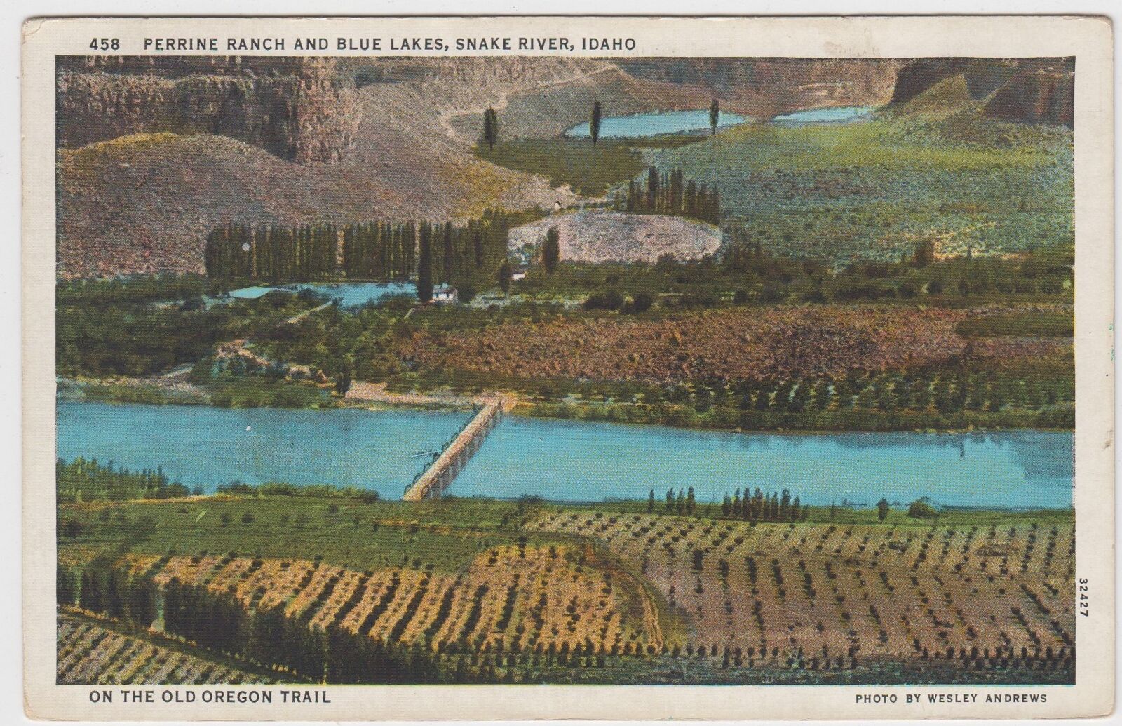 Snake River Idaho ID Postcard 1936 Perrine Ranch Blue Lakes Old Oregon Trail