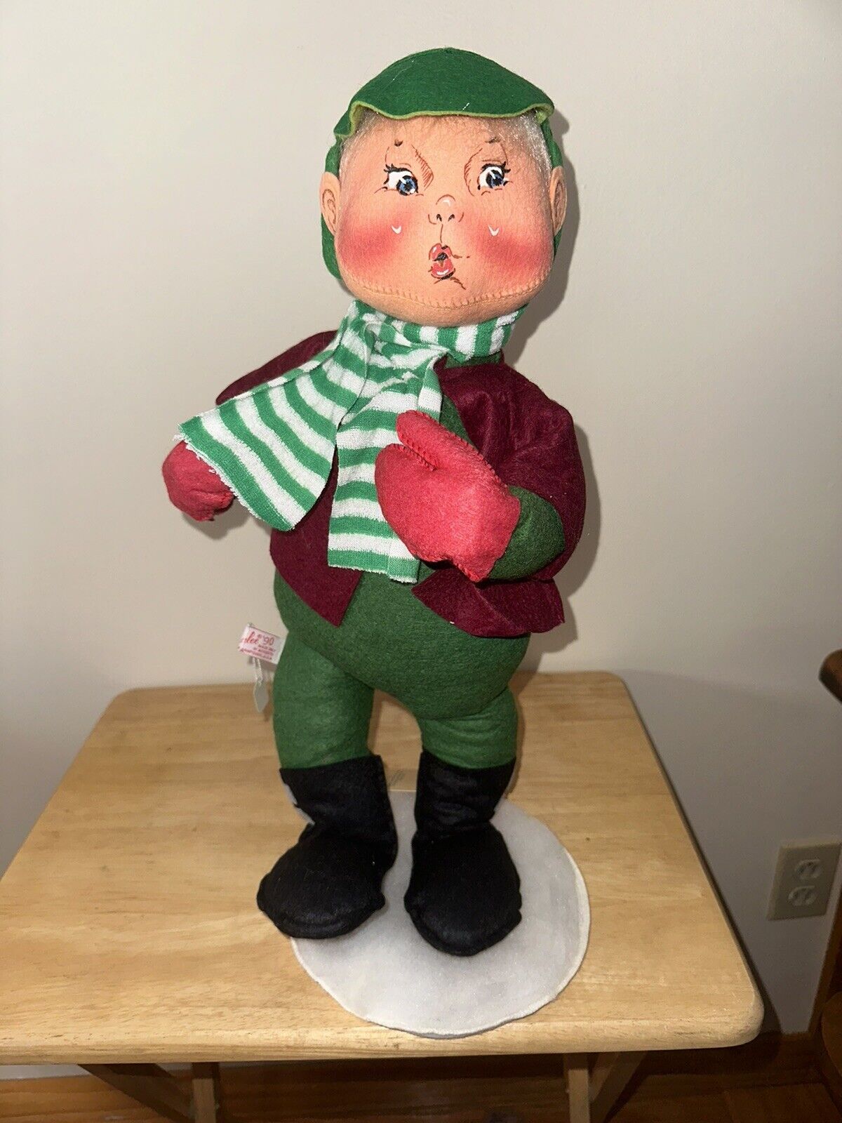 VTG 1990 ANNALEE Large Boy Child Figurine GREEN CAP Striped Scarf CHRISTMAS 18\