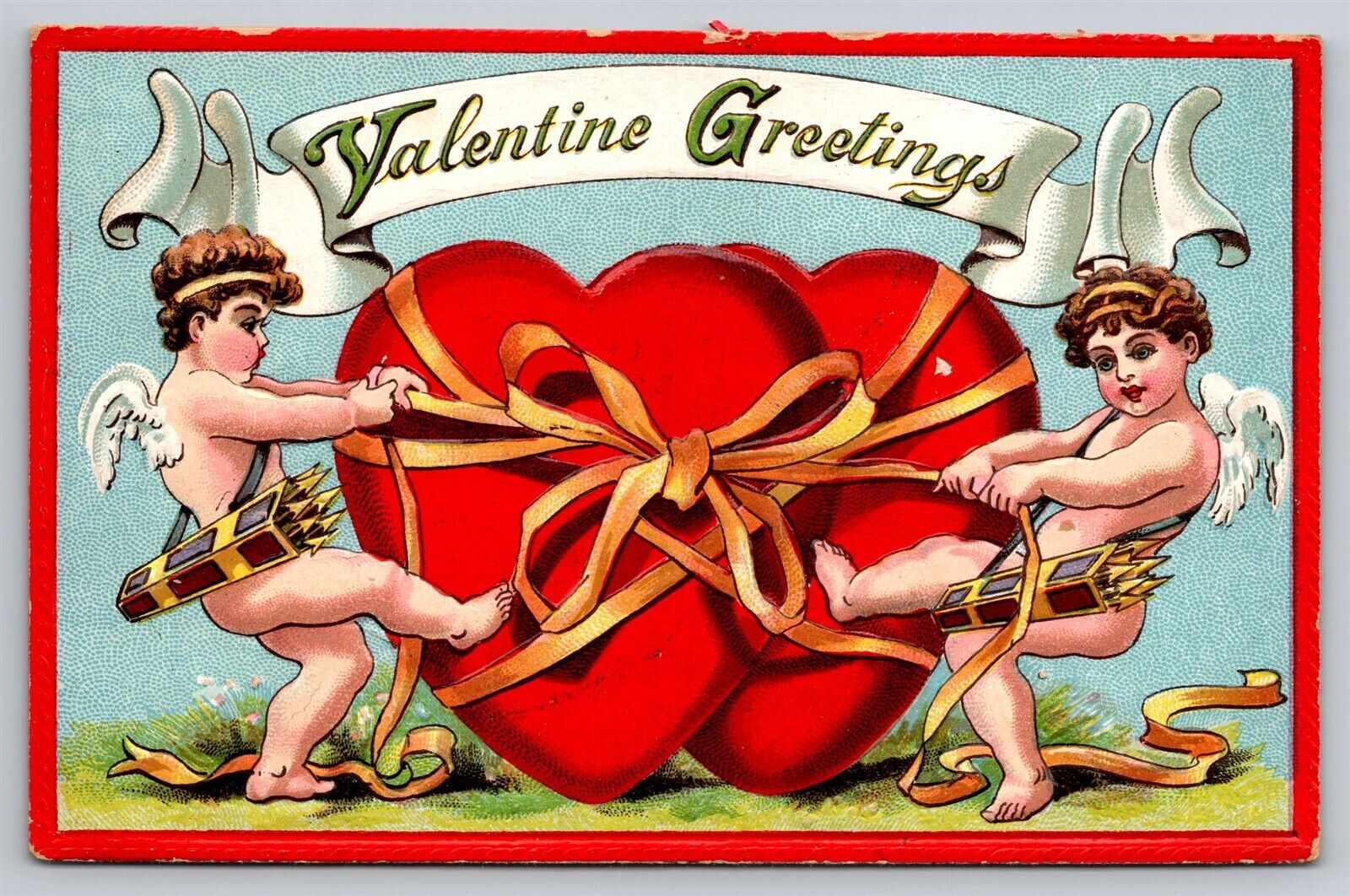 Valentine Greetings Cupids Tying Two Hearts Together Ribbon Old Postcard 1910s