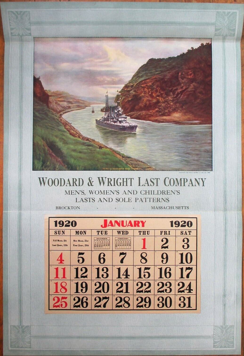 Brockton, MA 1920 Advertising Calendar/31x21 Poster: Military Ship/Panama Canal