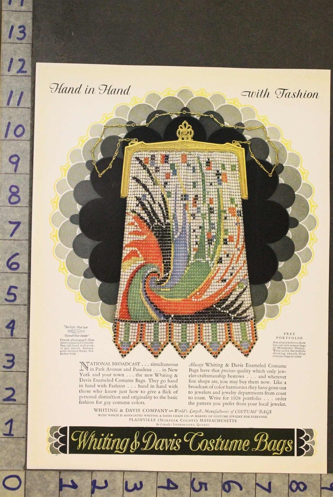 1928 WHITING DAVIS ENAMELED FASHION WOMEN COSTUME BAG PURSE ART DECO AD [[SKU]
