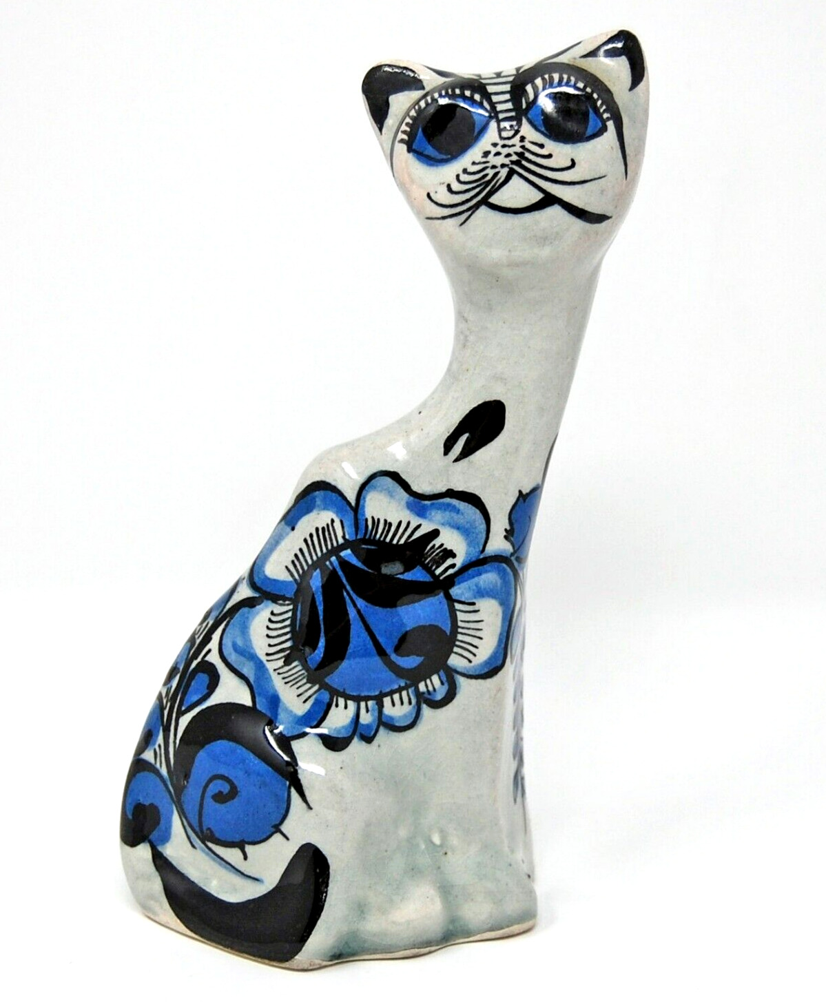 VTG Mexican Folk Art Pottery Big Eyes Cat Figurine Blue White Tonala Talavera 6\