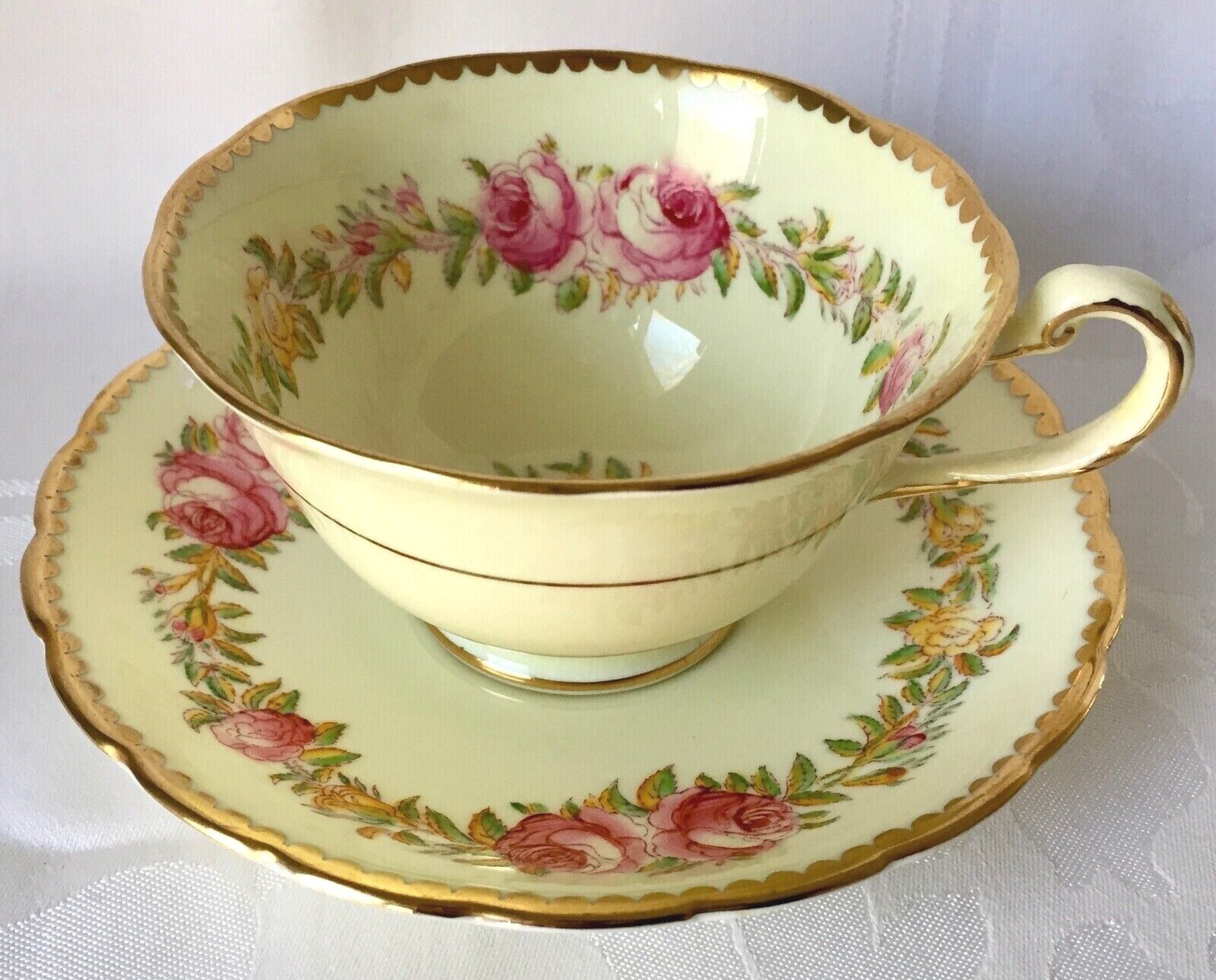 RARE NEW CHELSEA STAFFS YELLOW CUP & SAUCER, PINK ROSES, 5952, ROYAL CHELSEA