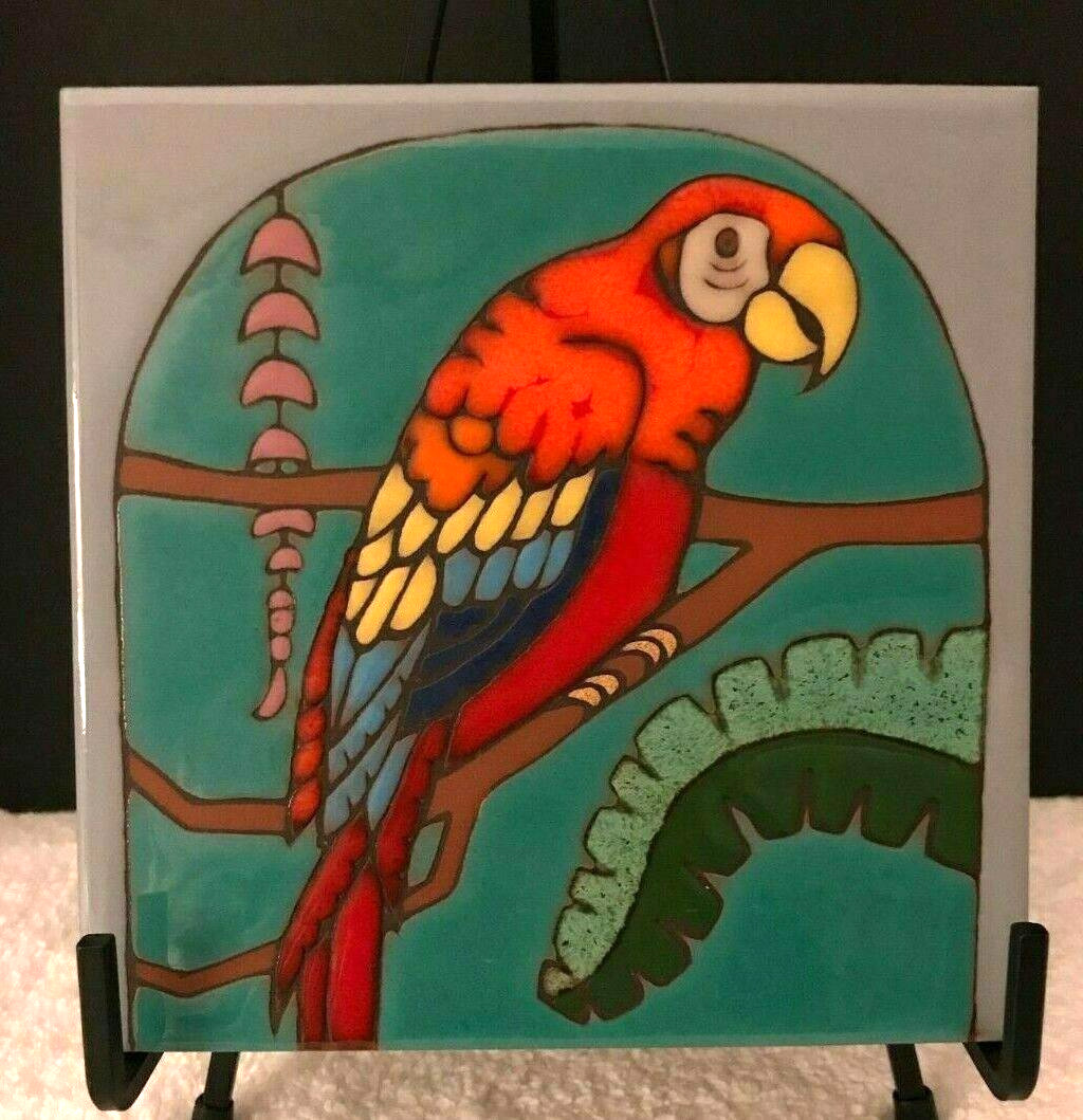 Vintage Elany & Jiri Prusa Hand Painted Parrot Tile Trivet/Wall Hanger - USA