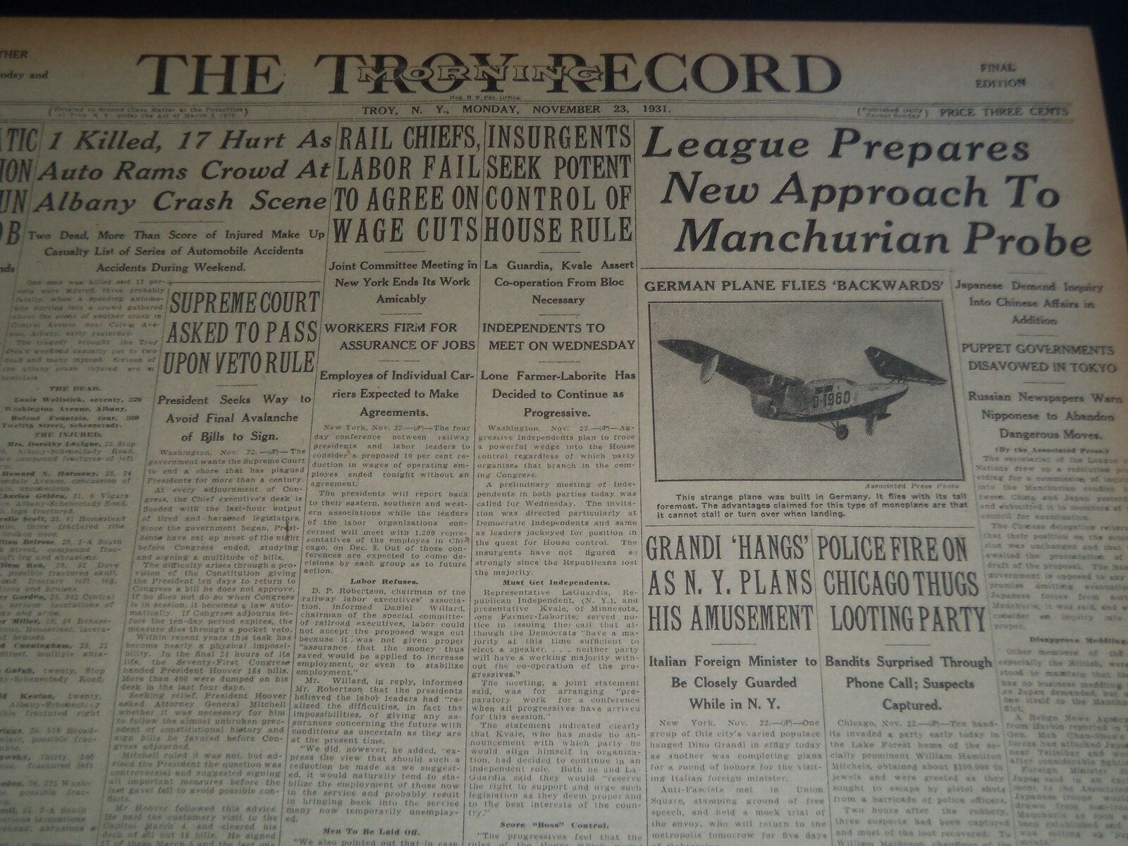 1931 NOV 23 TROY MORNING RECORD - NEW APPROACH TO MANCHURIA PROBE - NT 7475