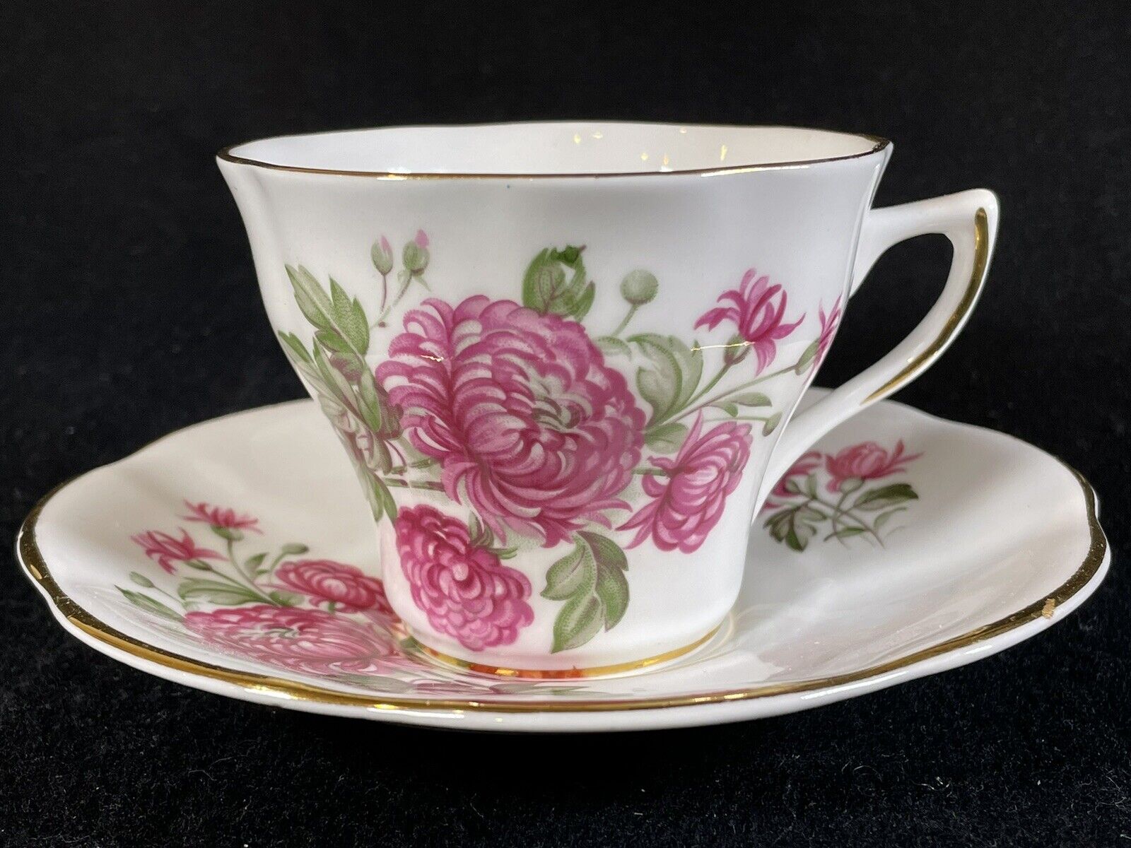 Royal Dover Pink Chrysanthemum Gold Rimmed Bone China Teacup & Saucer England