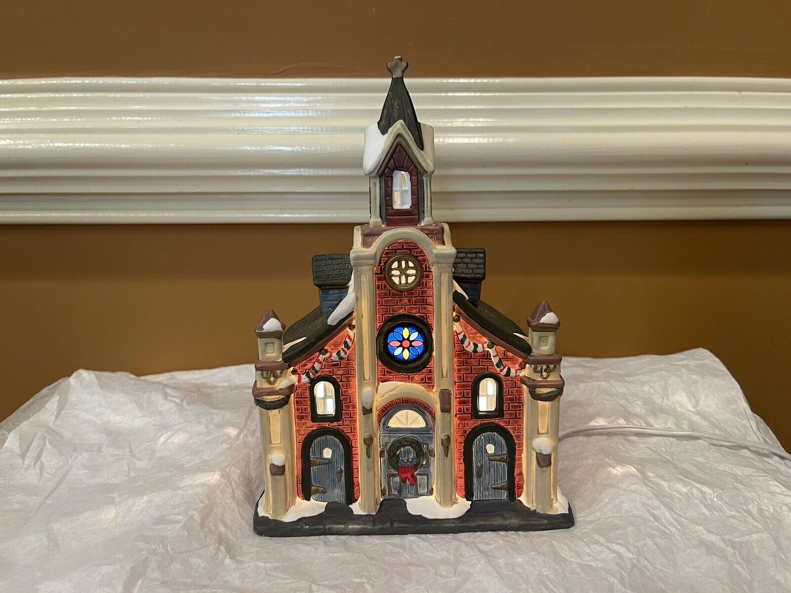 Christmas Village Church - Painted Porcelain Stained Glass Window - Lights Up