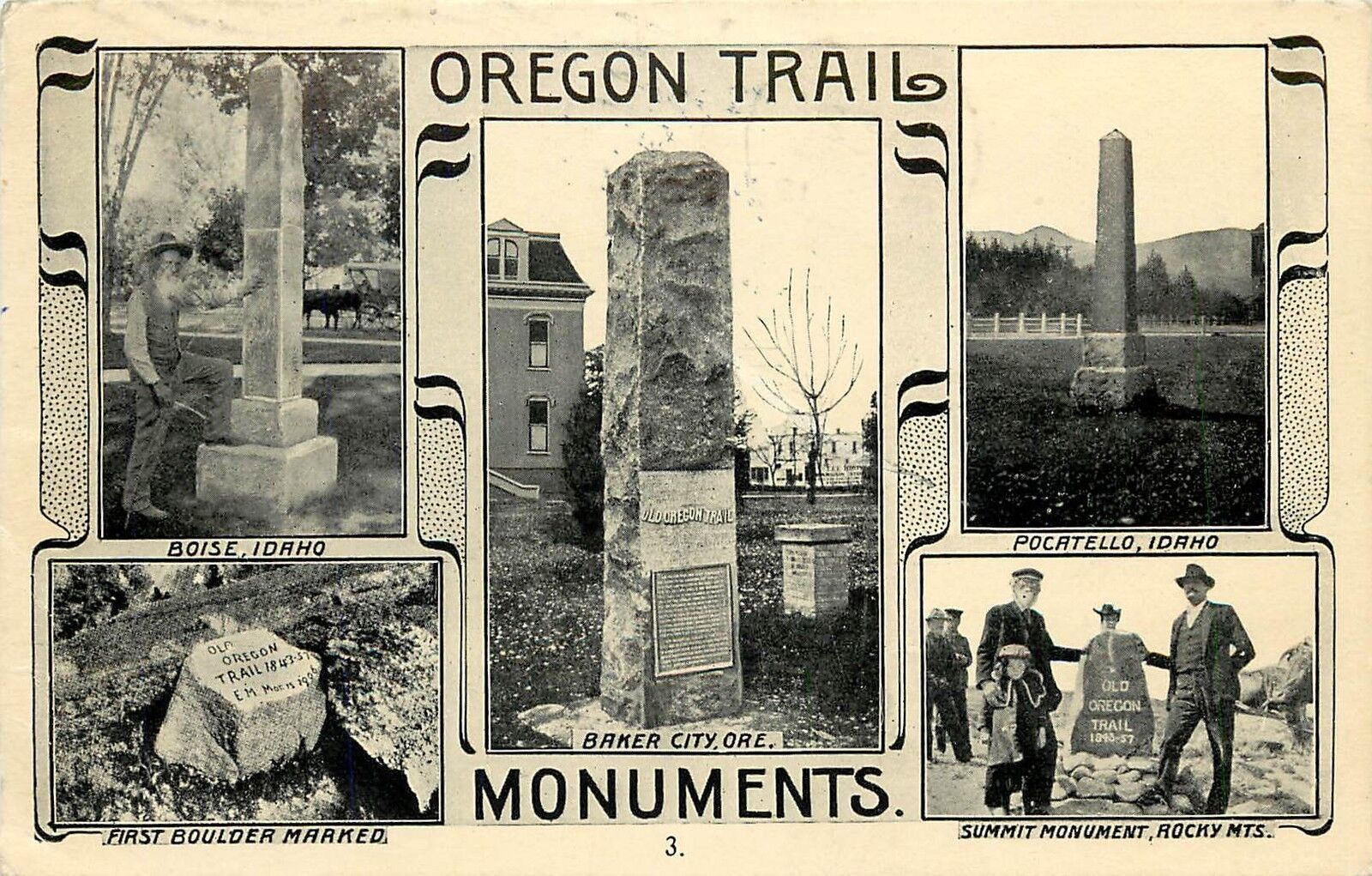 c1912 Multiview Postcard; Oregon Trail Monuments 3. Baker City OR & other states