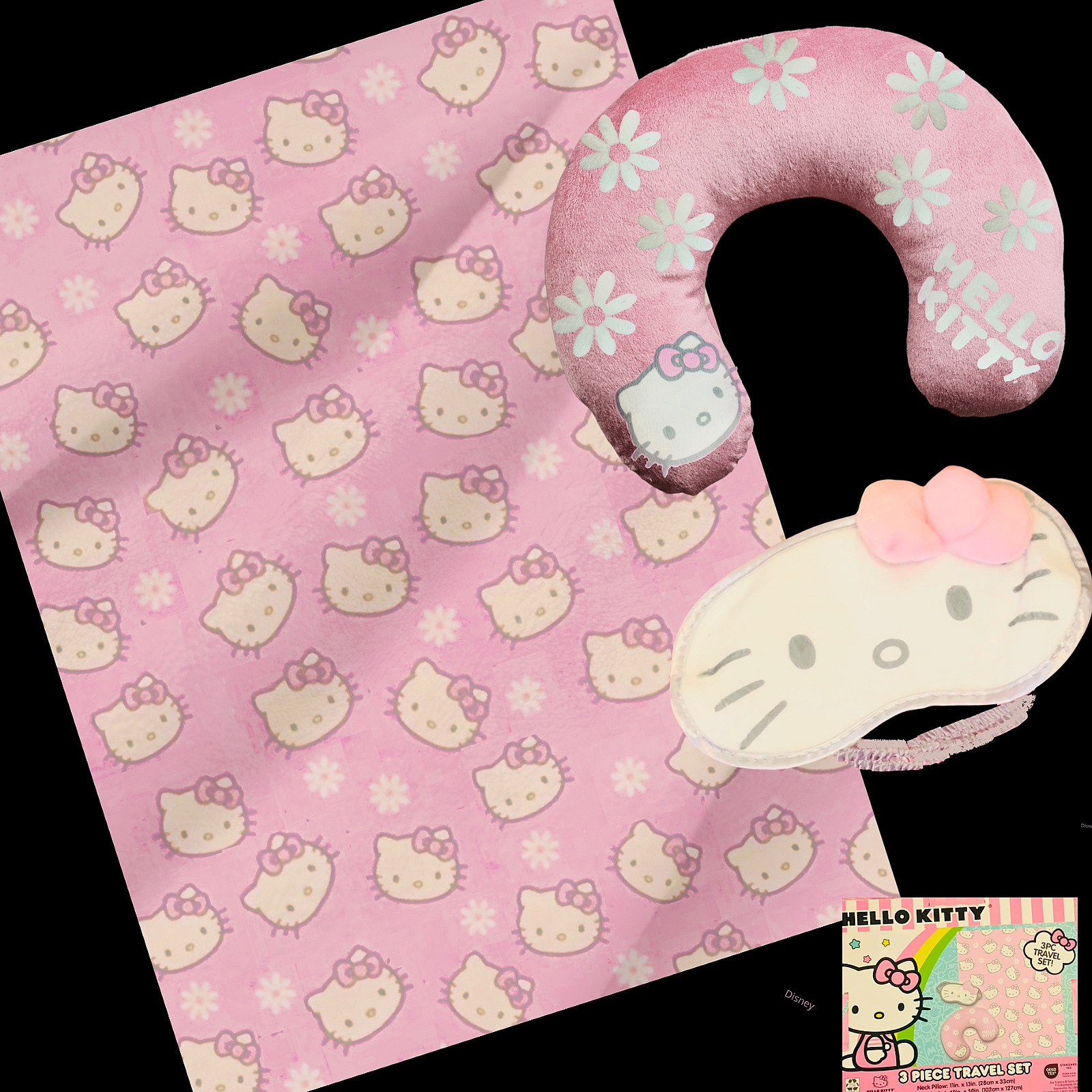 Sanrio Hello Kitty Face Pink Bow Throw Blanket Set, Travel Pillow 3 Pc Set, NEW