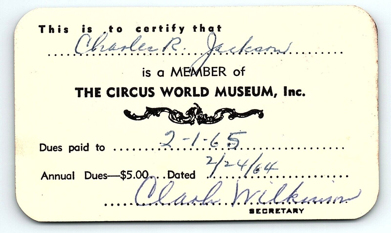 1964 CIRCUS WORLD MUSEUM MEMBERSHIP CARD CHARLES JACKSON Z1681
