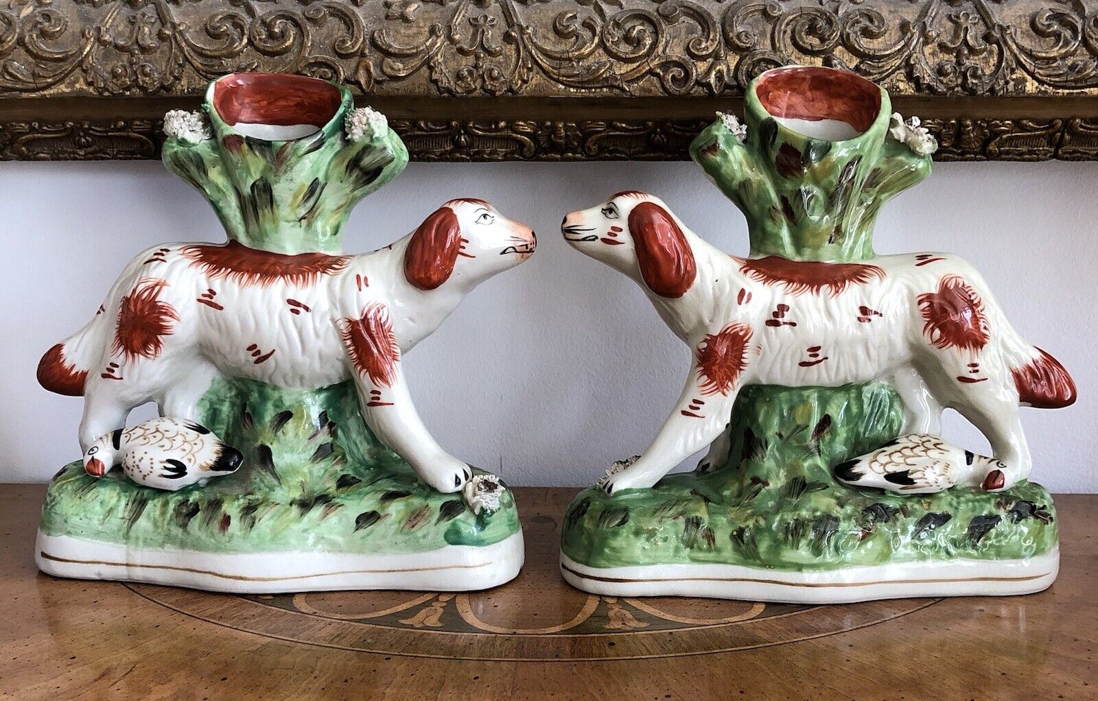 Antique Staffordshire Spaniels Hunting Dogs Pointers Spill Vases Figurines