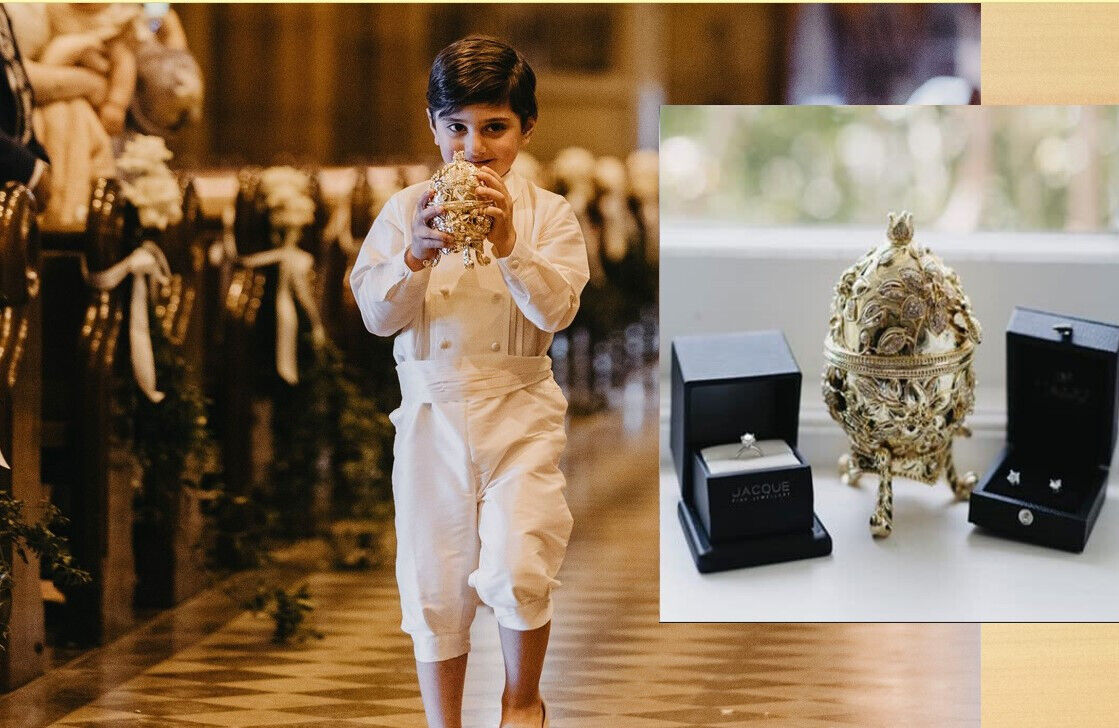 Wedding Ring Bearer Box Gold Faberge Egg Pendant 24kGold 400Swarovski HANDSET
